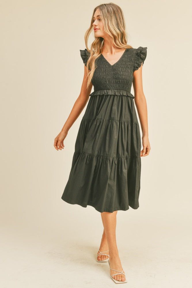 Black Smocked Flutter Sleeve Tiered Maternity Midi Dress sold by Pinkblush product image thumbnail 5