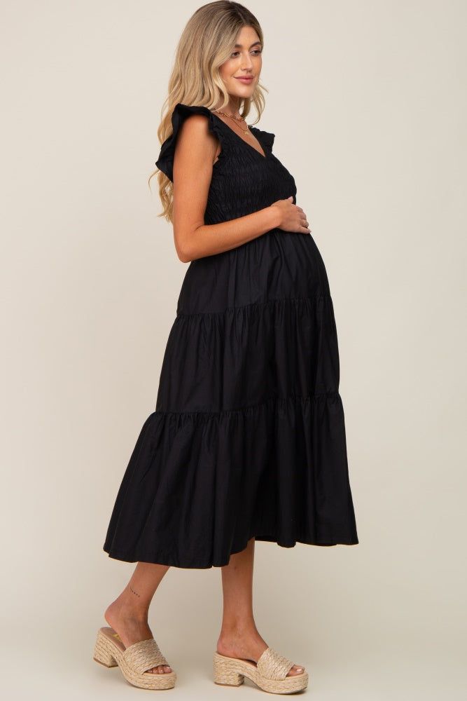 Black Smocked Flutter Sleeve Tiered Maternity Midi Dress sold by Pinkblush product image thumbnail 2