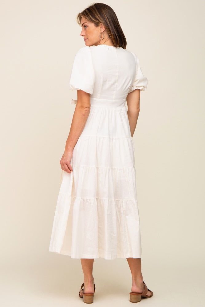 Cream Linen Wrap V-Neck Short Sleeve Tiered Midi Dress sold by Pinkblush product image thumbnail 3