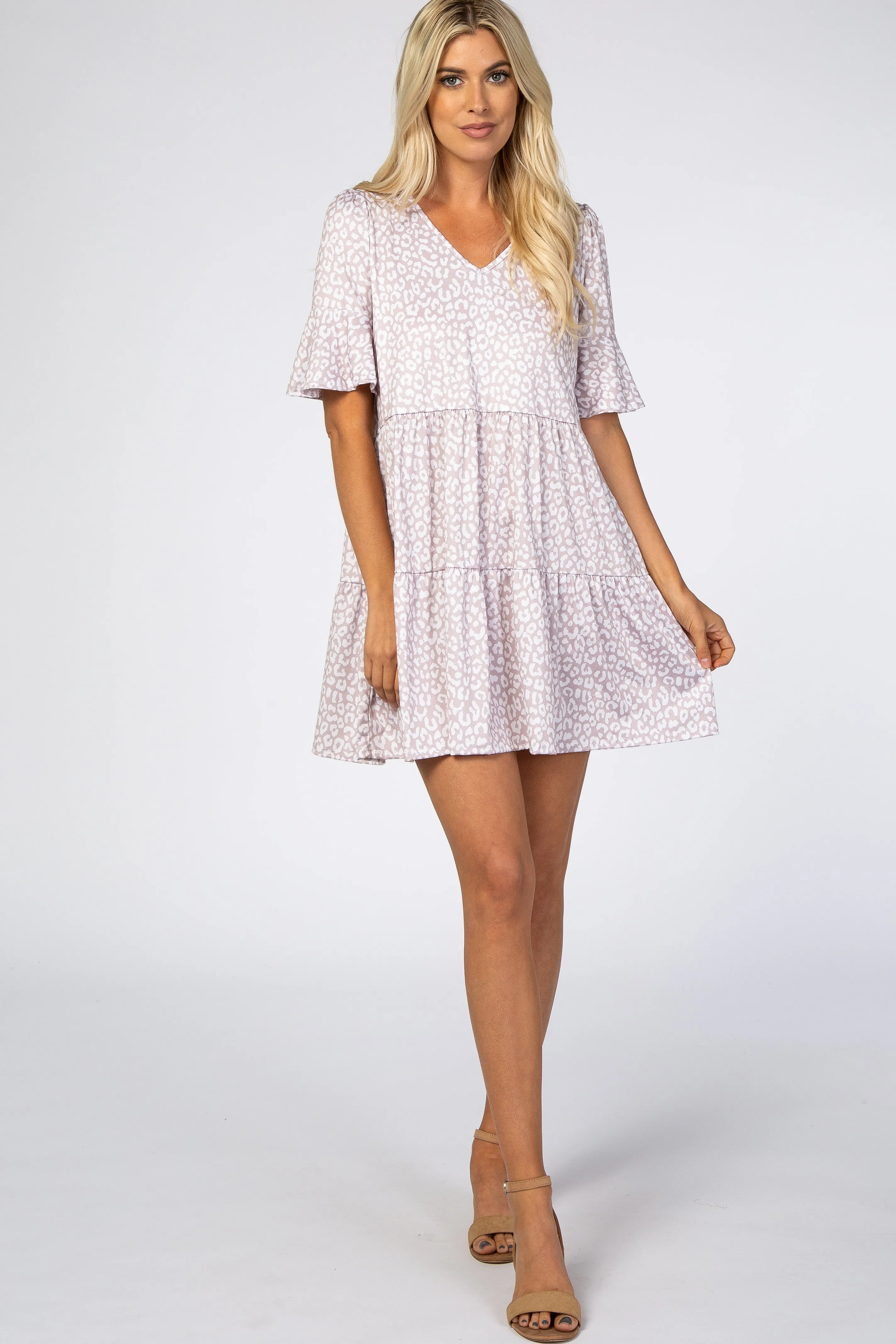 Taupe Animal Print Ruffle Sleeve Dress sold by Pinkblush