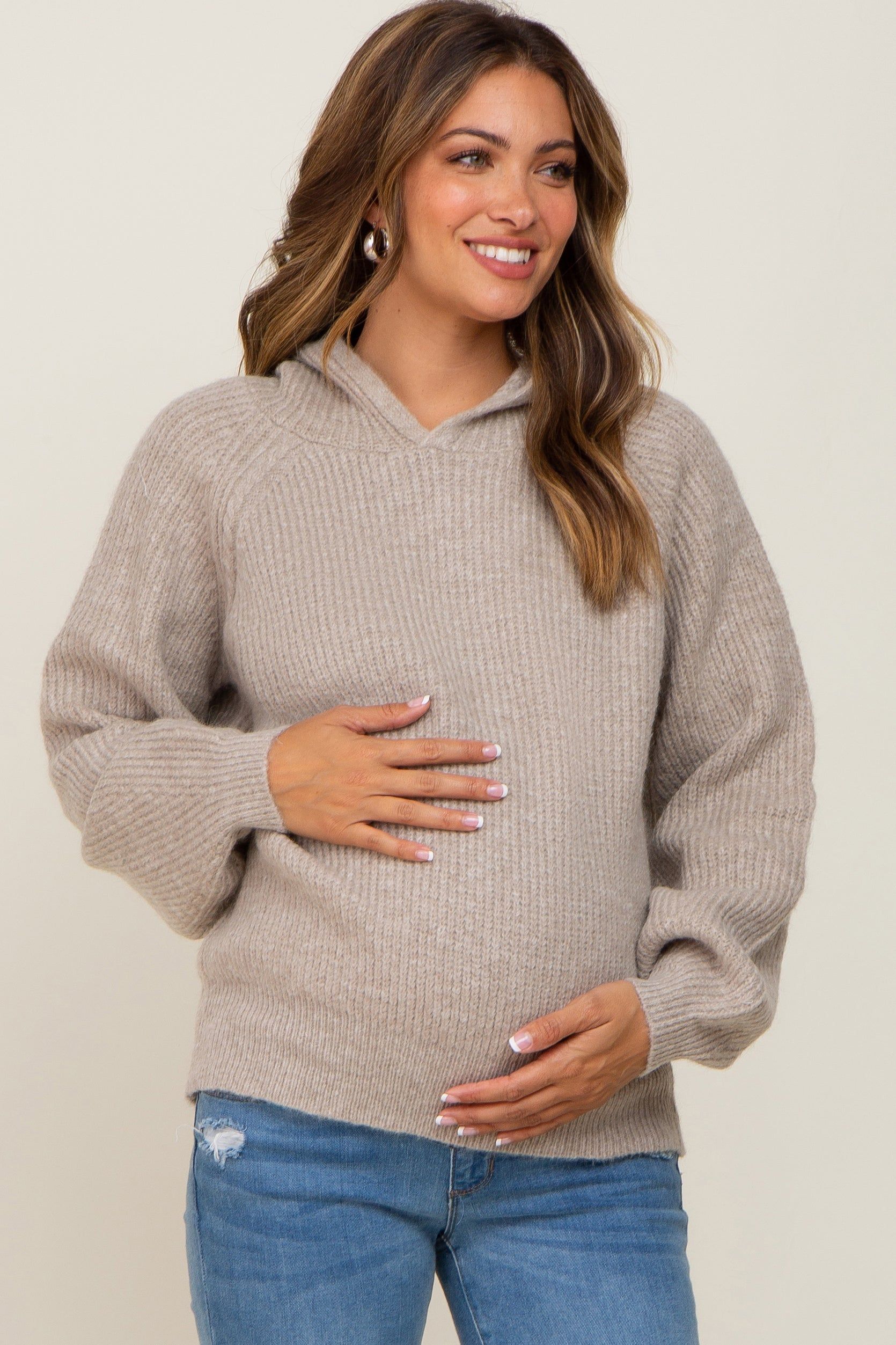 Beige Hooded Maternity Sweater sold by Pinkblush