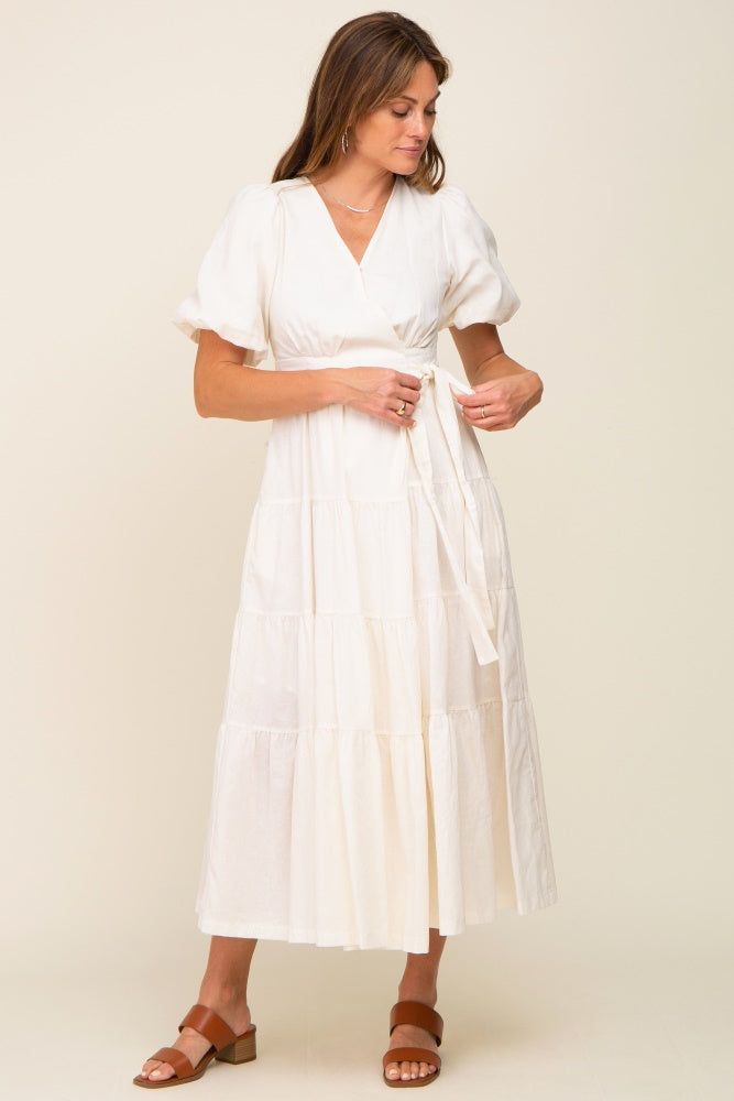 Cream Linen Wrap V-Neck Short Sleeve Tiered Midi Dress sold by Pinkblush product image thumbnail 4
