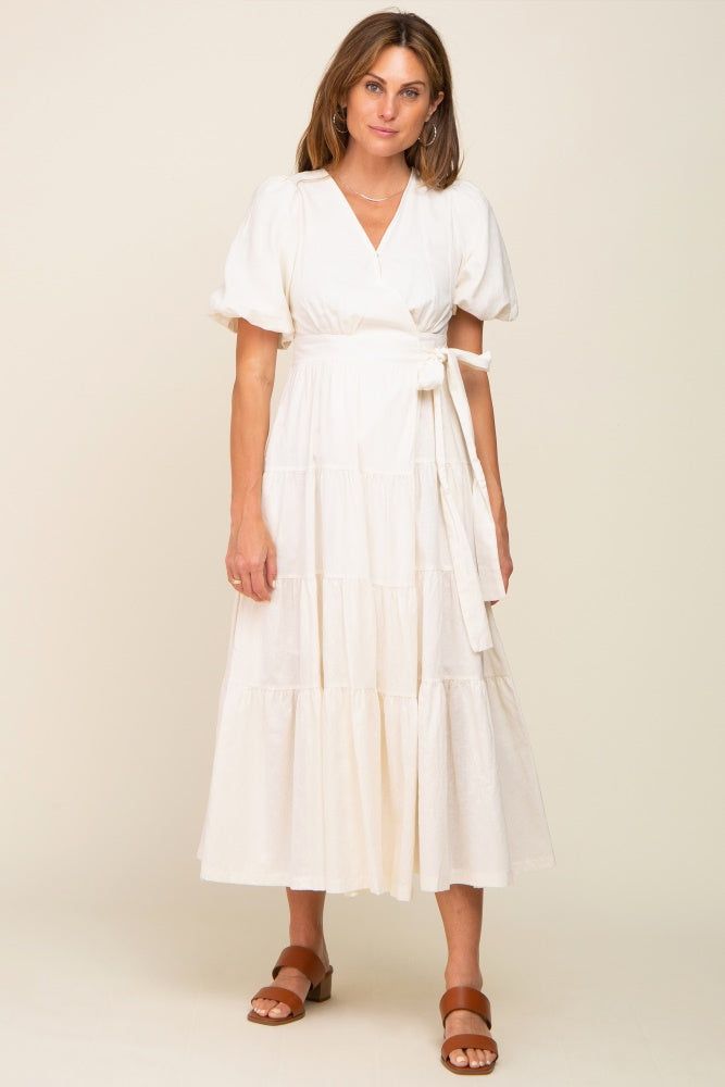 Cream Linen Wrap V-Neck Short Sleeve Tiered Midi Dress sold by Pinkblush