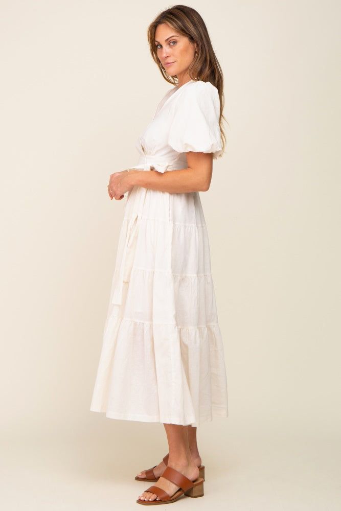 Cream Linen Wrap V-Neck Short Sleeve Tiered Midi Dress sold by Pinkblush product image thumbnail 2