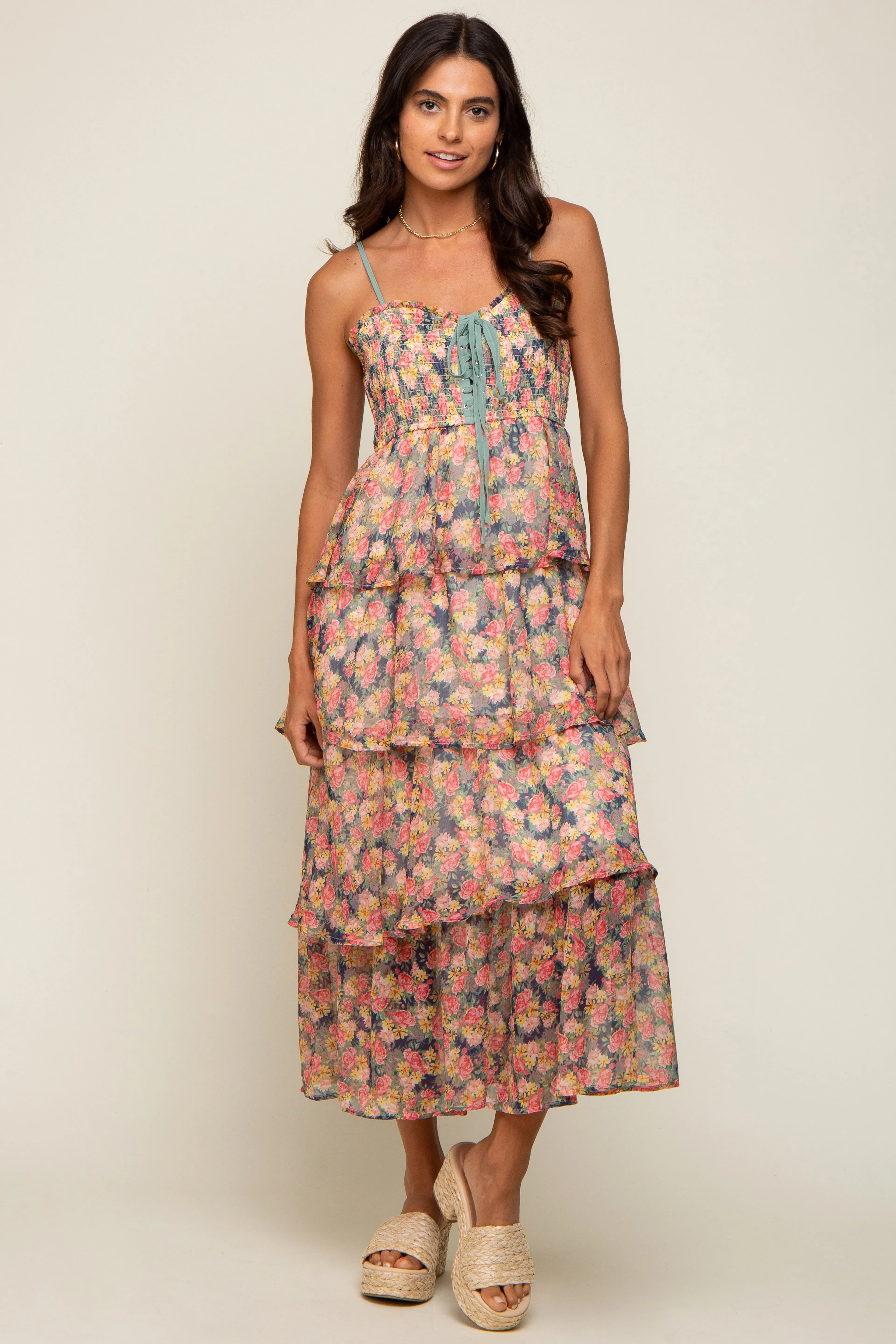 Navy Floral Sleeveless Tiered Maxi Dress sold by Pinkblush product image thumbnail 4