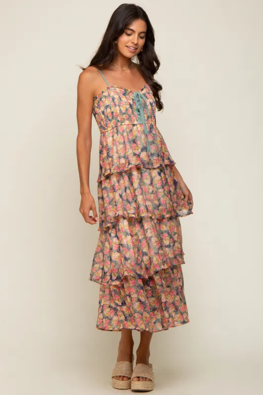 Navy Floral Sleeveless Tiered Maxi Dress sold by Pinkblush