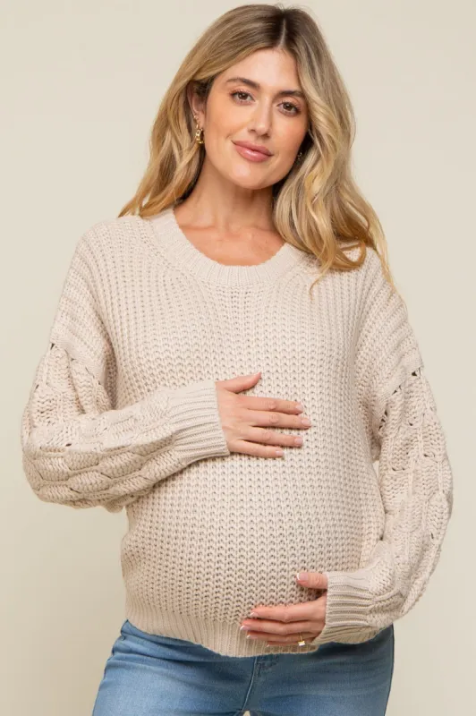Beige Cable Knit Sleeve Maternity Sweater sold by Pinkblush