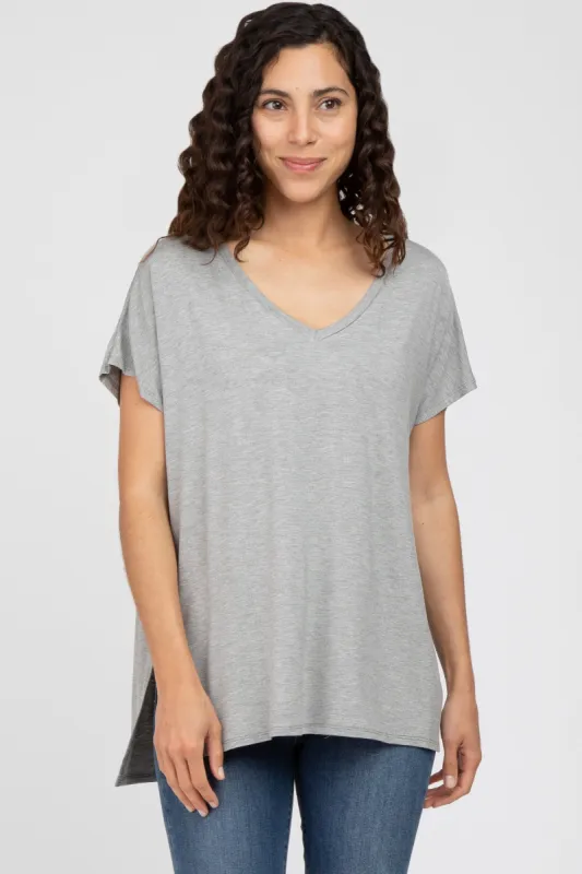 Heather Grey V-Neck Oversized Short Sleeve Top sold by Pinkblush