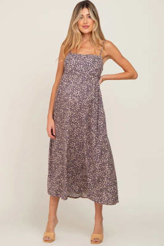 Purple Floral Cutout Back Maternity Midi Dress sold by Pinkblush