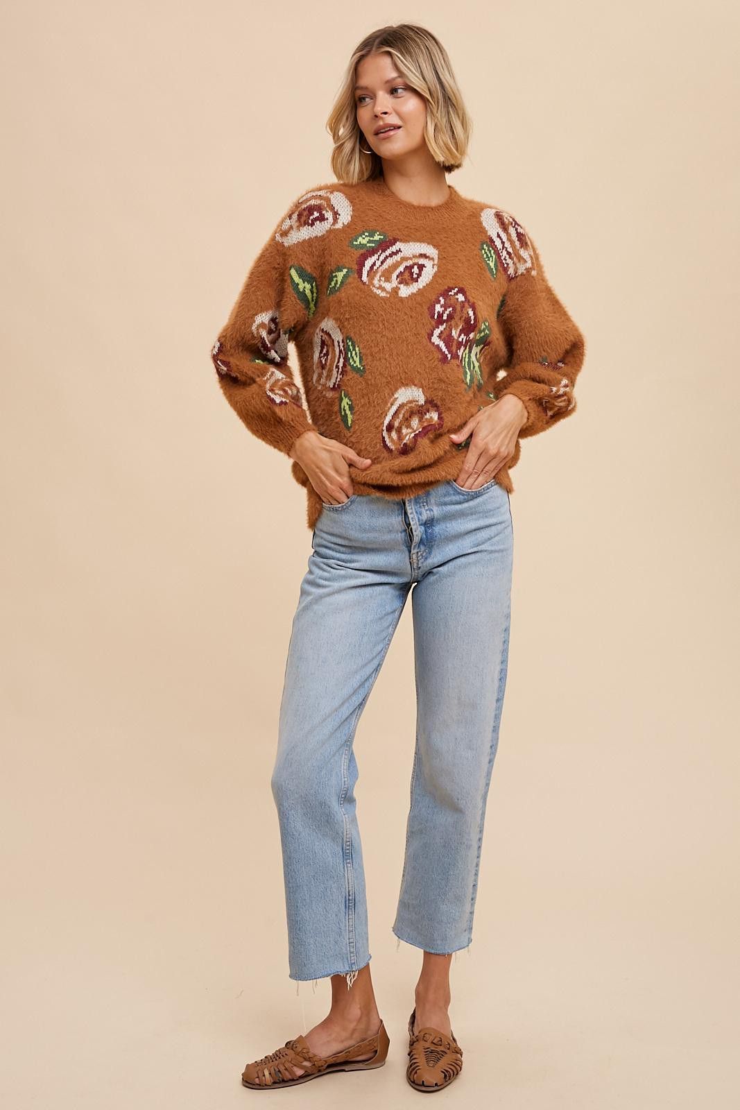 Camel Floral Fuzzy Knit Sweater sold by Pinkblush product image thumbnail 4