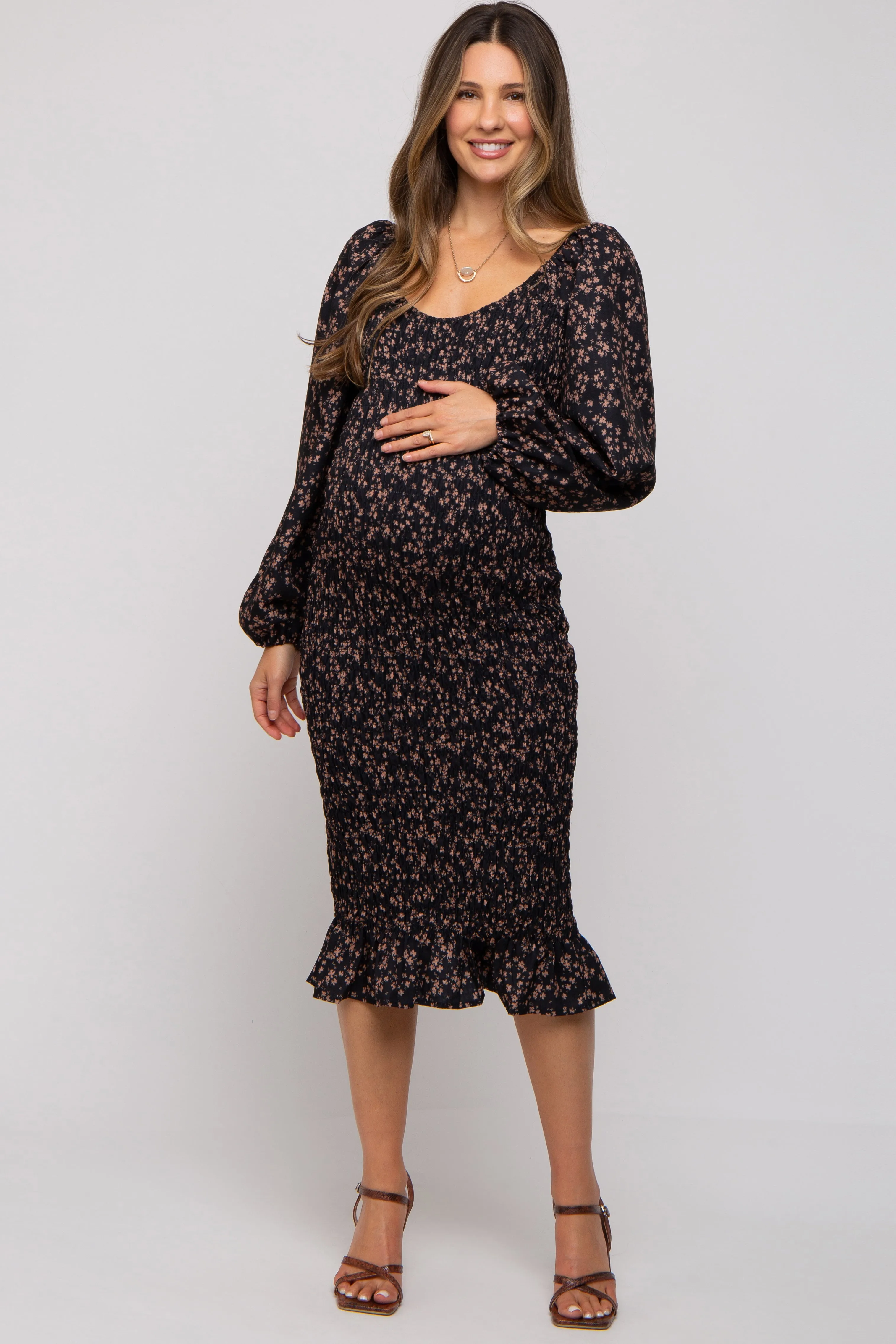 Black Floral Smocked Fitted Long Sleeve Maternity Midi Dress sold by Pinkblush