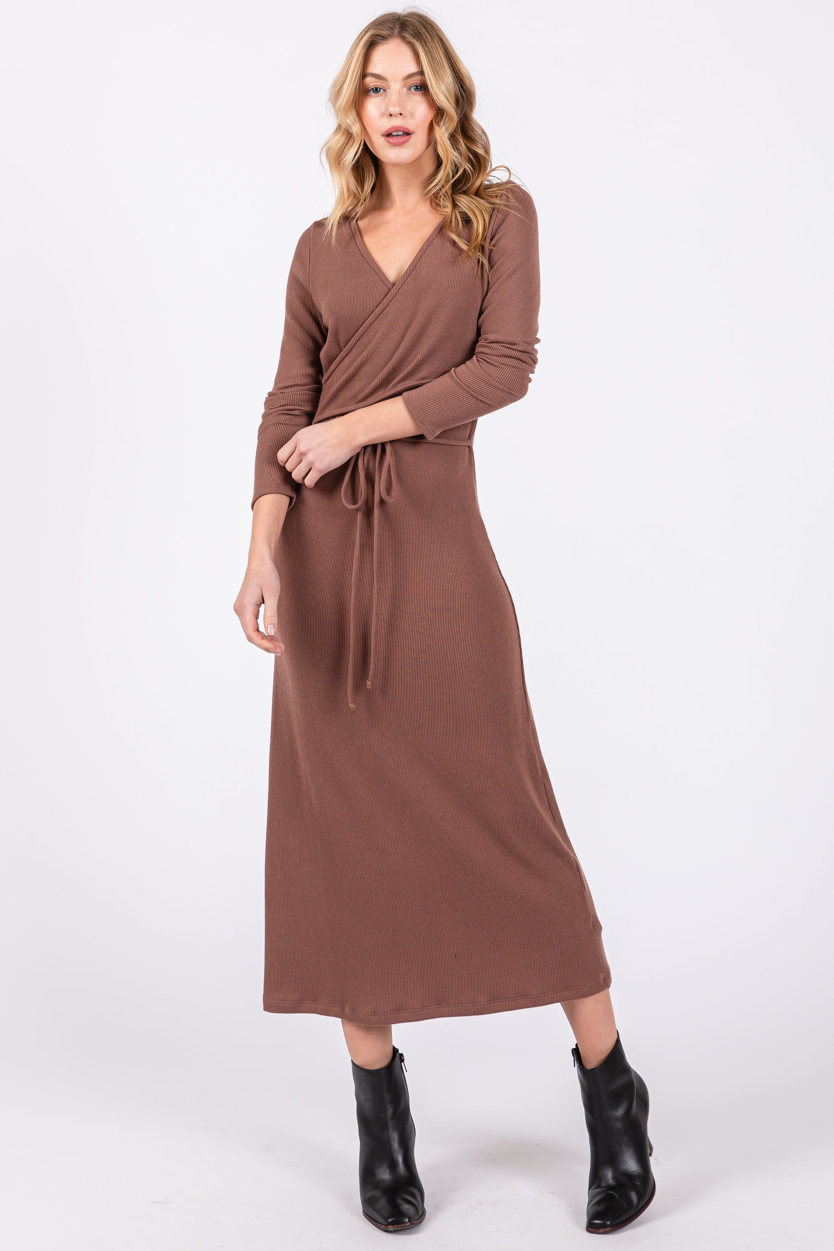 Brown Ribbed Long Sleeve Maternity Wrap Nursing Dress sold by Pinkblush product image thumbnail 3