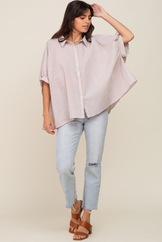 Taupe Striped Button-Down Dolman Short Sleeve Top sold by Pinkblush product image thumbnail 4