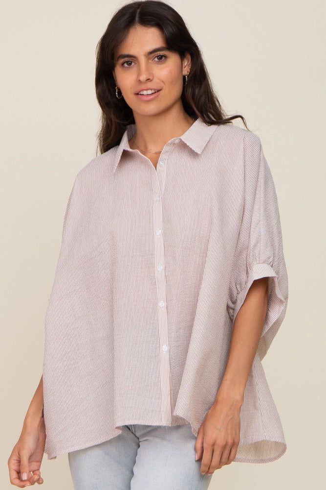 Taupe Striped Button-Down Dolman Short Sleeve Top sold by Pinkblush