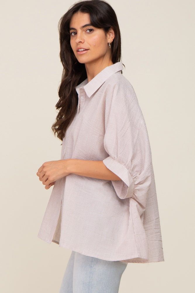 Taupe Striped Button-Down Dolman Short Sleeve Top sold by Pinkblush product image thumbnail 2