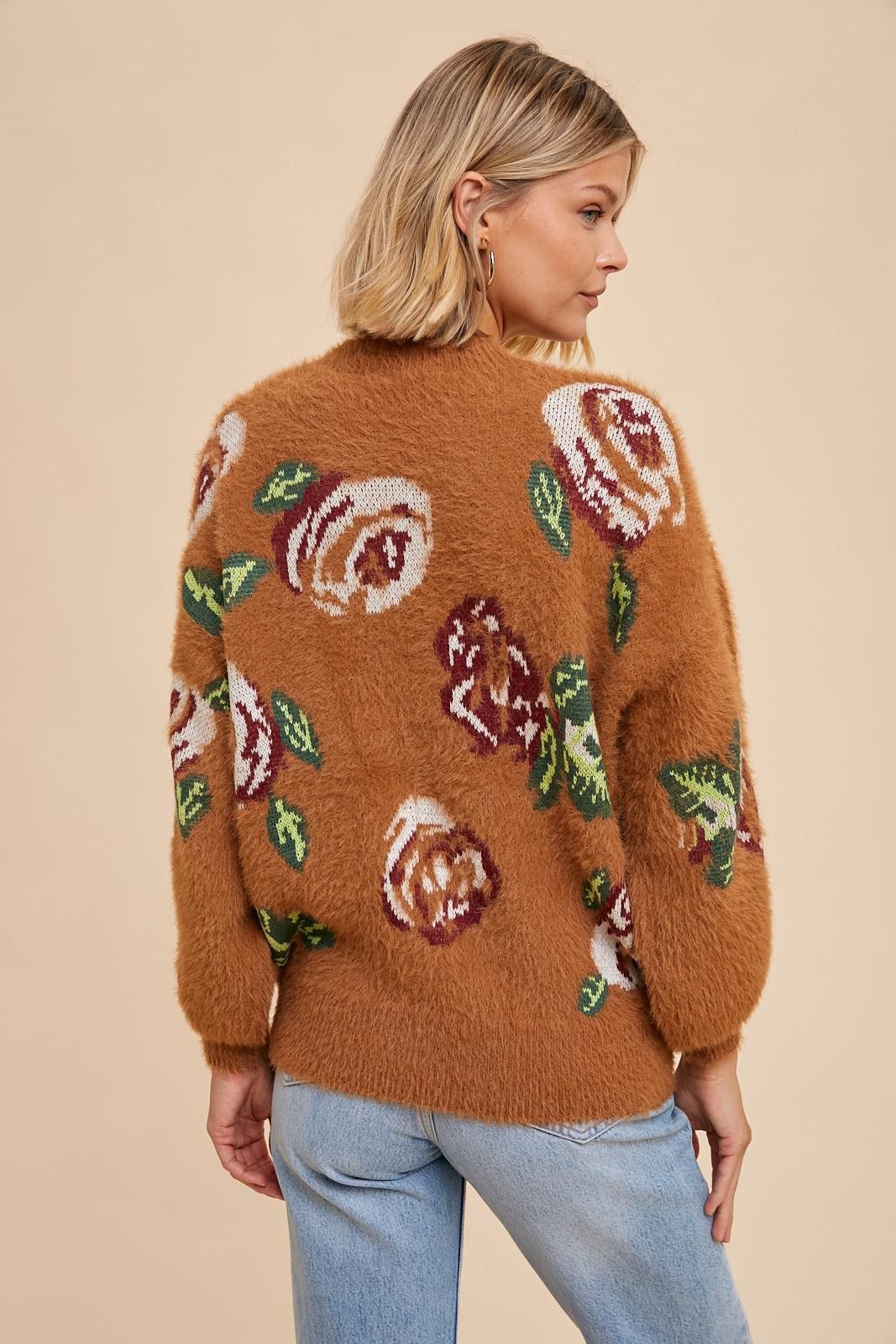 Camel Floral Fuzzy Knit Sweater sold by Pinkblush product image thumbnail 3
