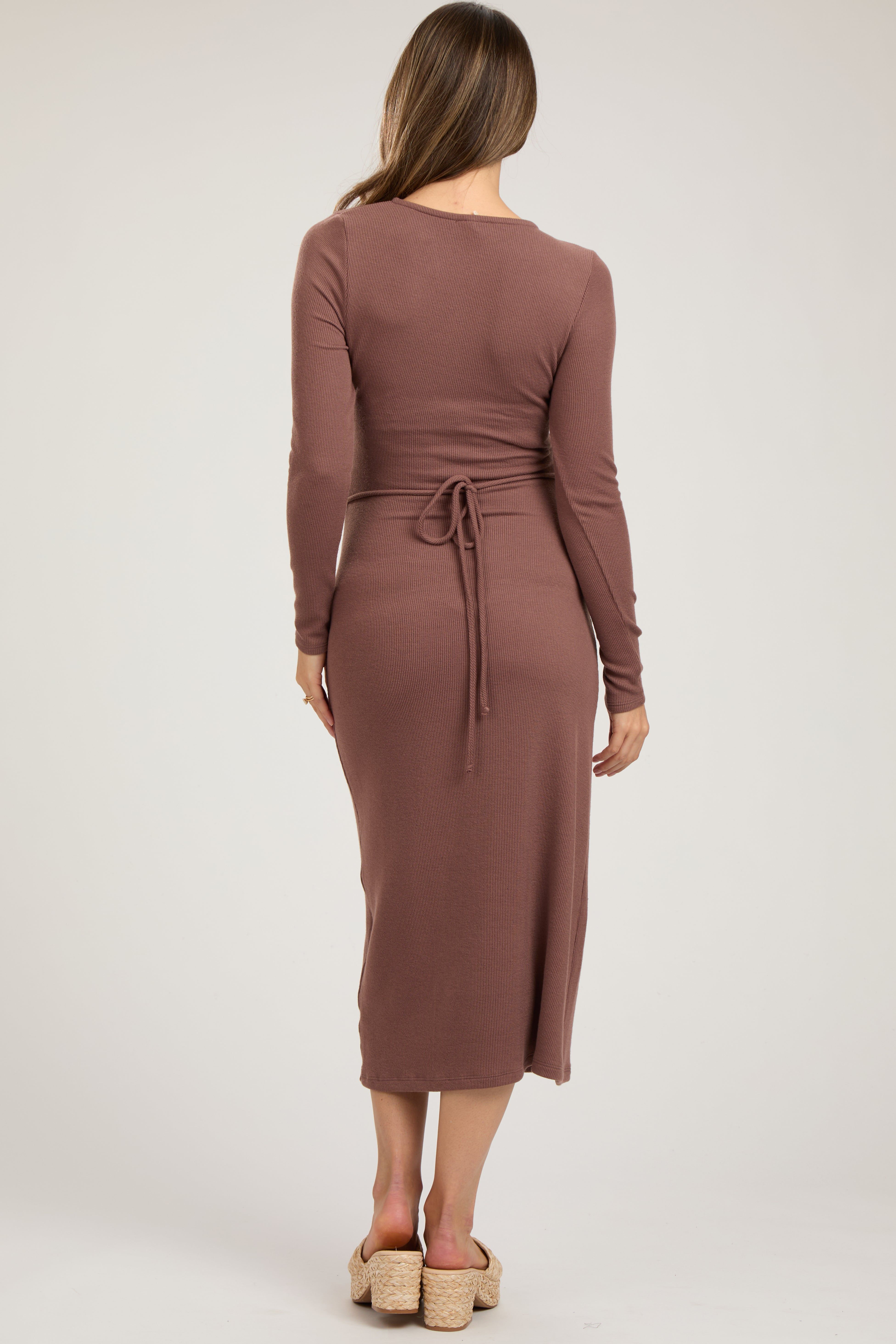 Brown Ribbed Long Sleeve Maternity Wrap Nursing Dress sold by Pinkblush product image thumbnail 2