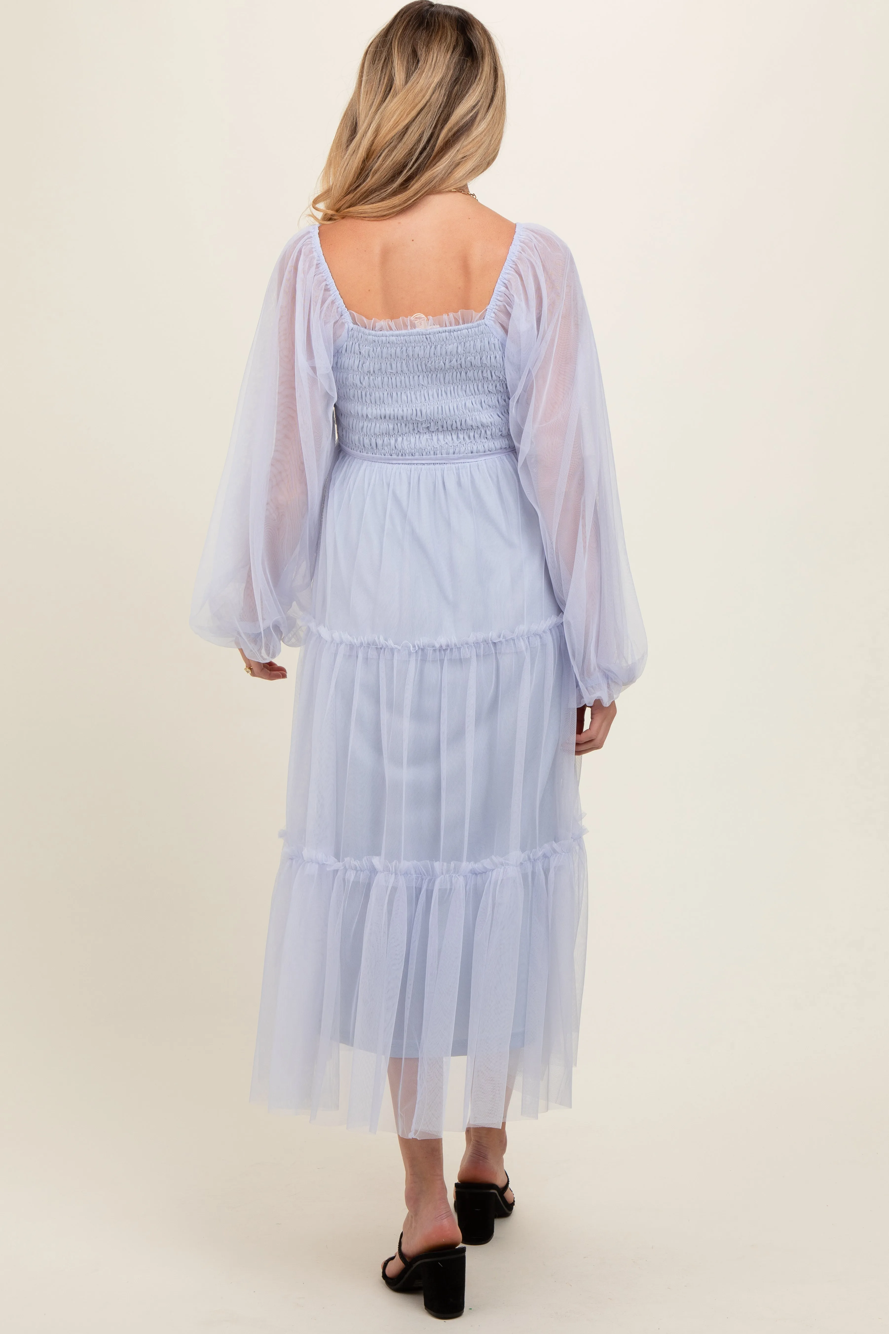 Light Blue Mesh Tiered Long Sleeve Maternity Maxi Dress sold by Pinkblush product image thumbnail 3