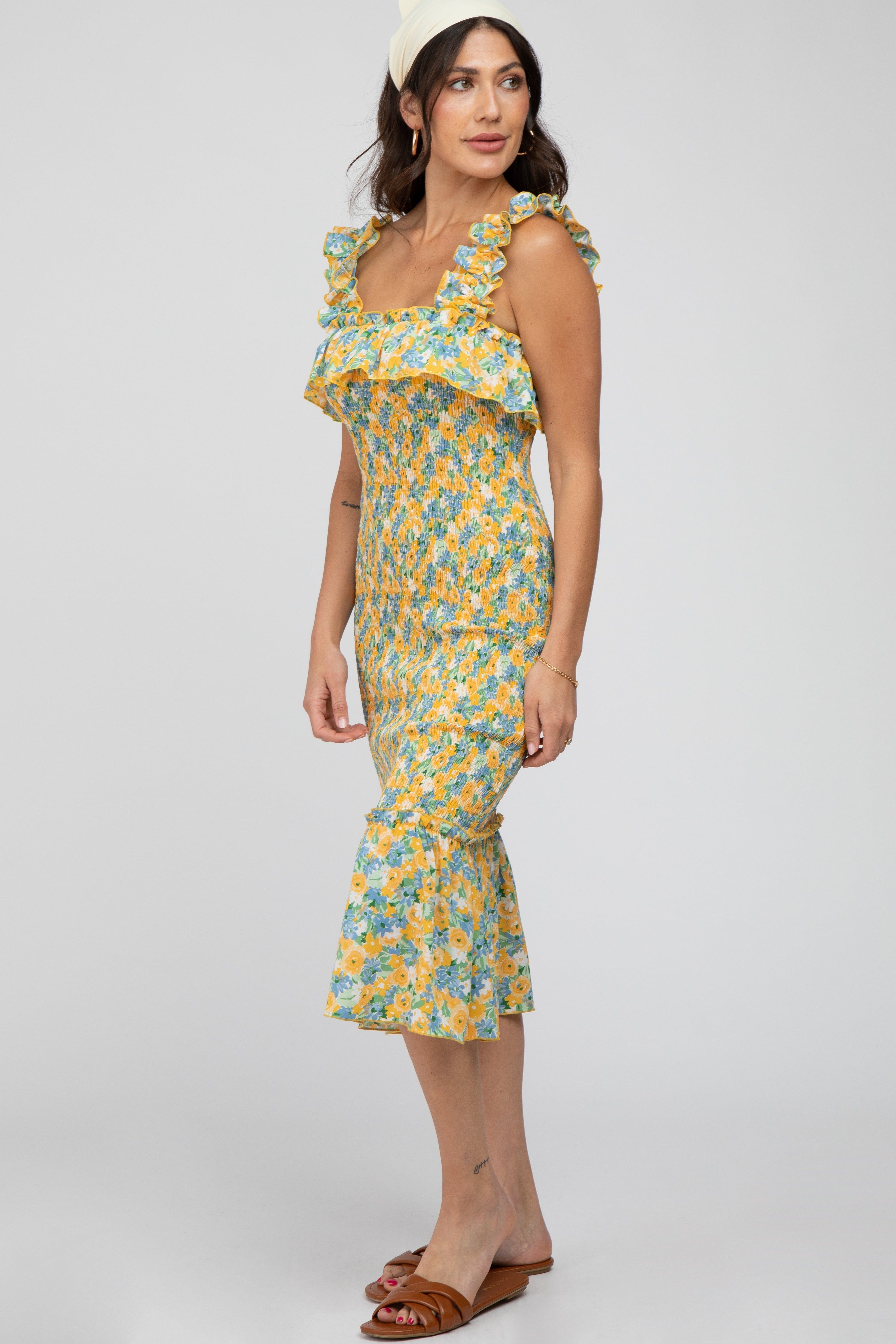 Yellow Multi Color Floral Smocked Fitted Midi Dress sold by Pinkblush product image thumbnail 2