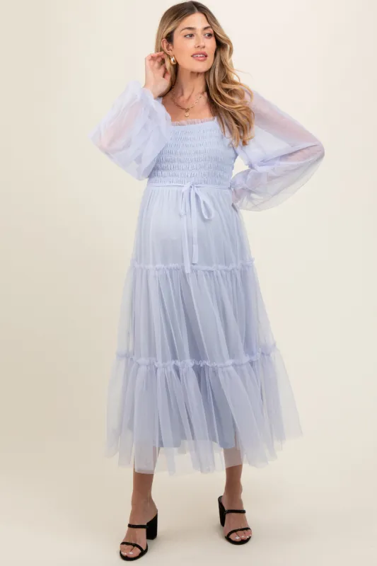 Light Blue Mesh Tiered Long Sleeve Maternity Maxi Dress sold by Pinkblush