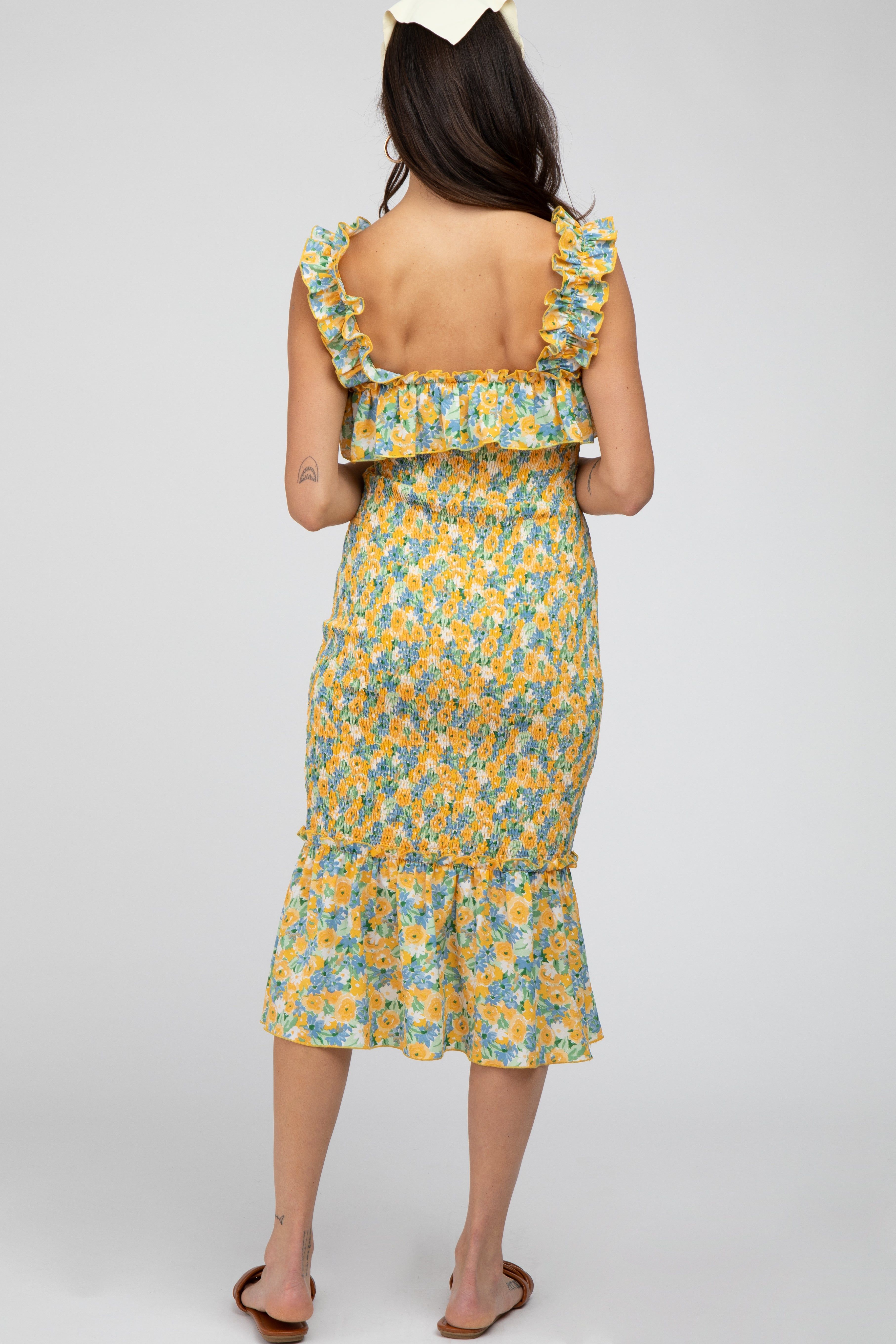 Yellow Multi Color Floral Smocked Fitted Midi Dress sold by Pinkblush product image thumbnail 3