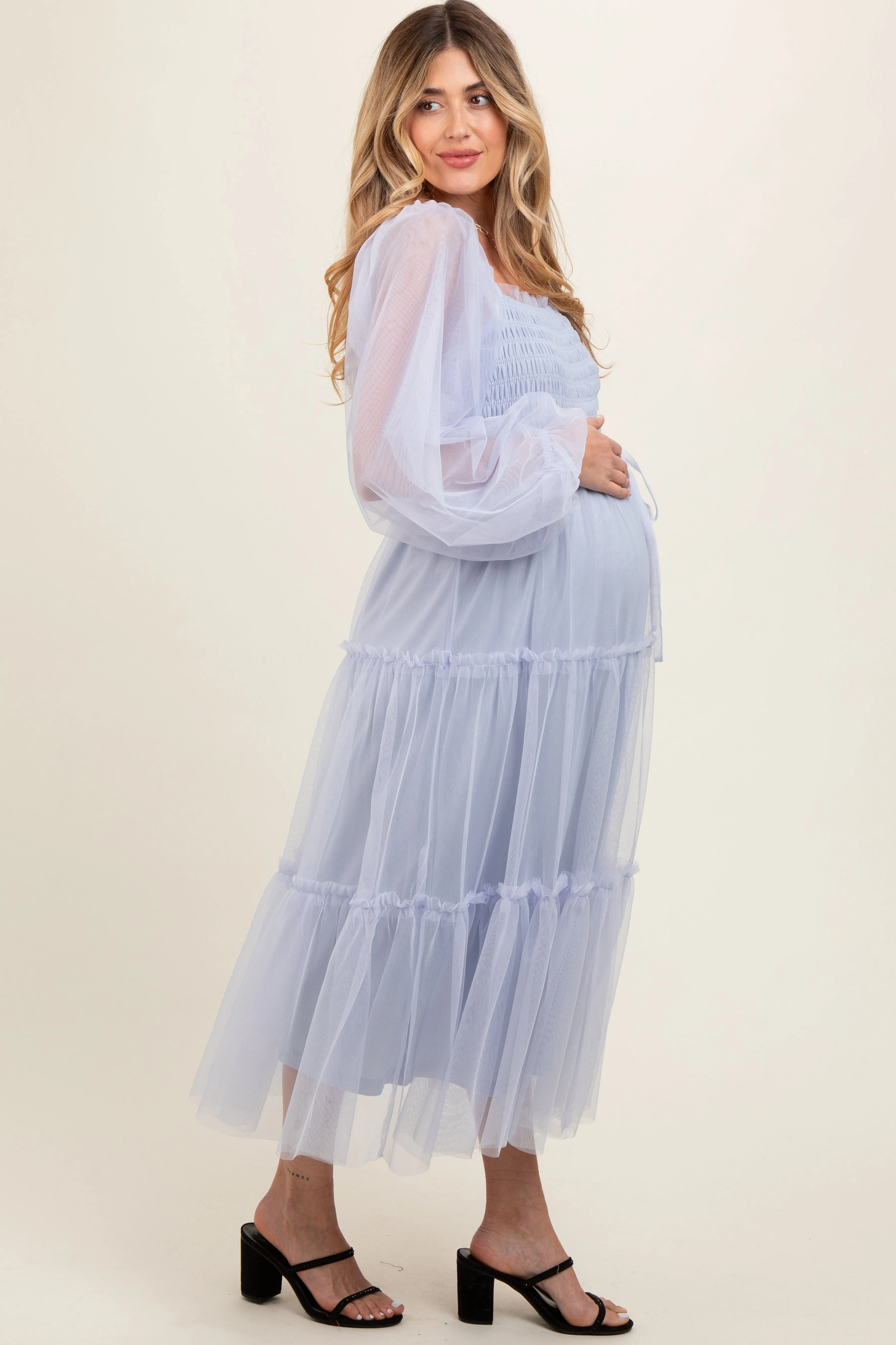 Light Blue Mesh Tiered Long Sleeve Maternity Maxi Dress sold by Pinkblush product image thumbnail 2