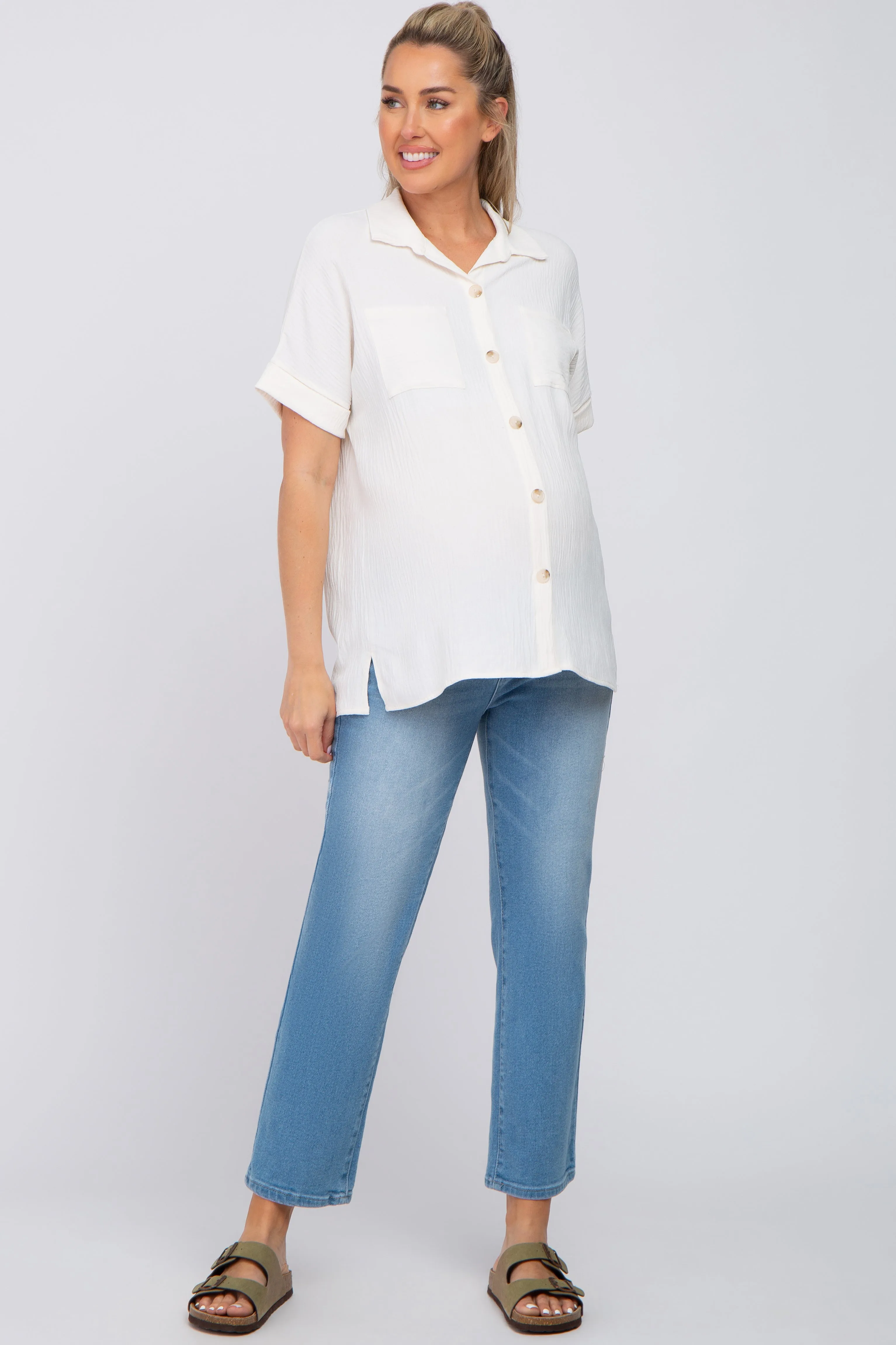 Ivory Collared Button-Down Short Sleeve Maternity Blouse sold by Pinkblush product image thumbnail 4