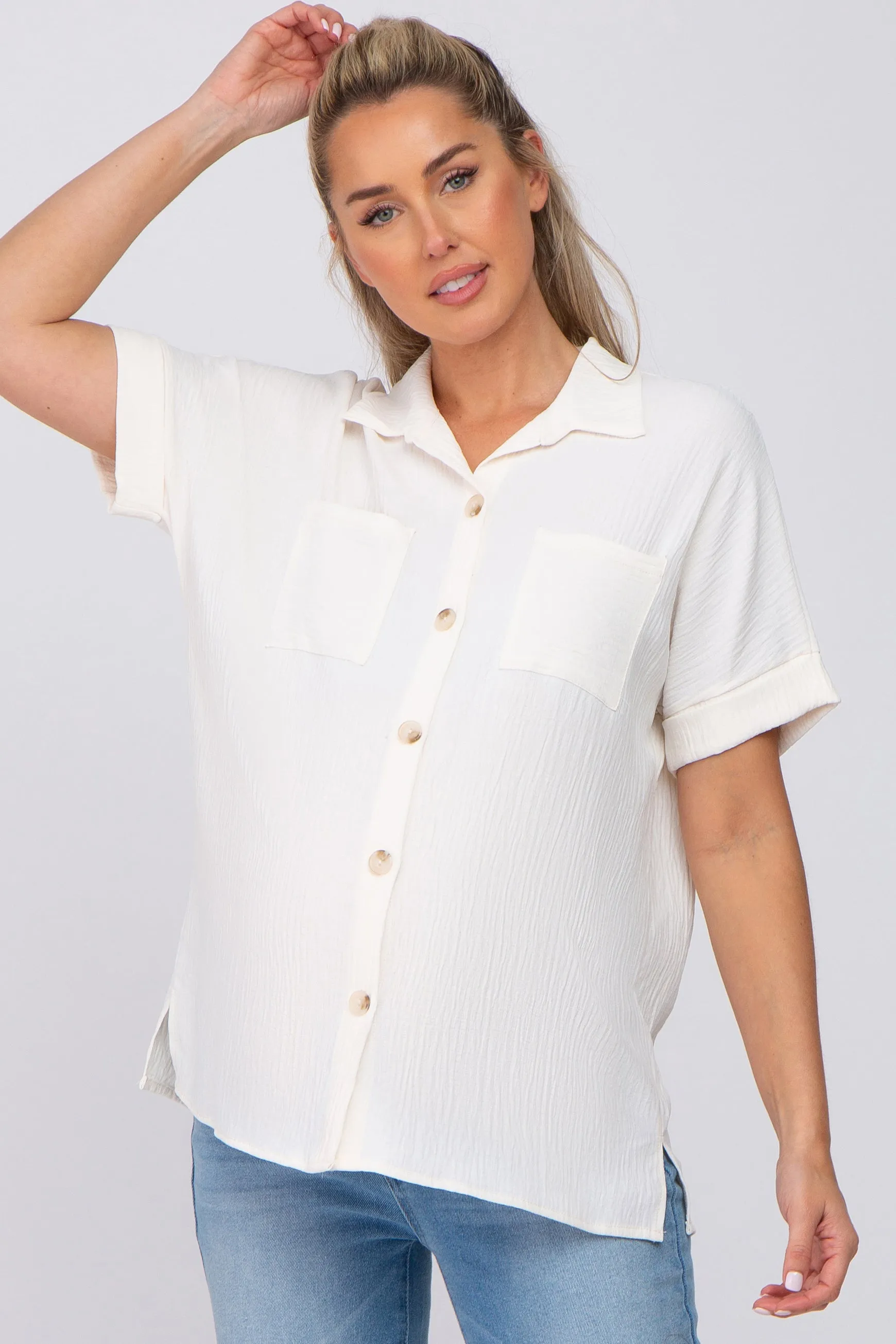 Ivory Collared Button-Down Short Sleeve Maternity Blouse sold by Pinkblush