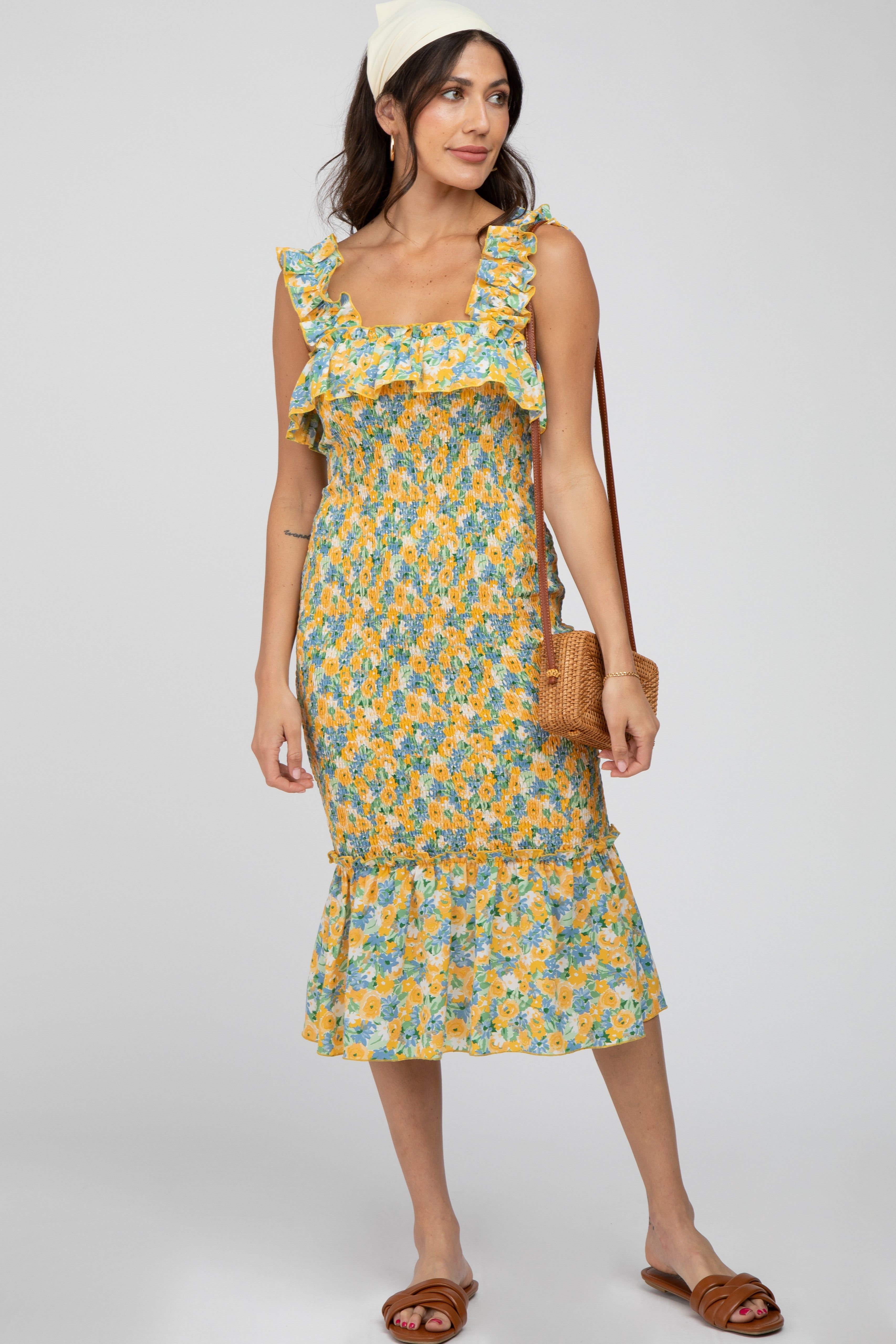 Yellow Multi Color Floral Smocked Fitted Midi Dress sold by Pinkblush