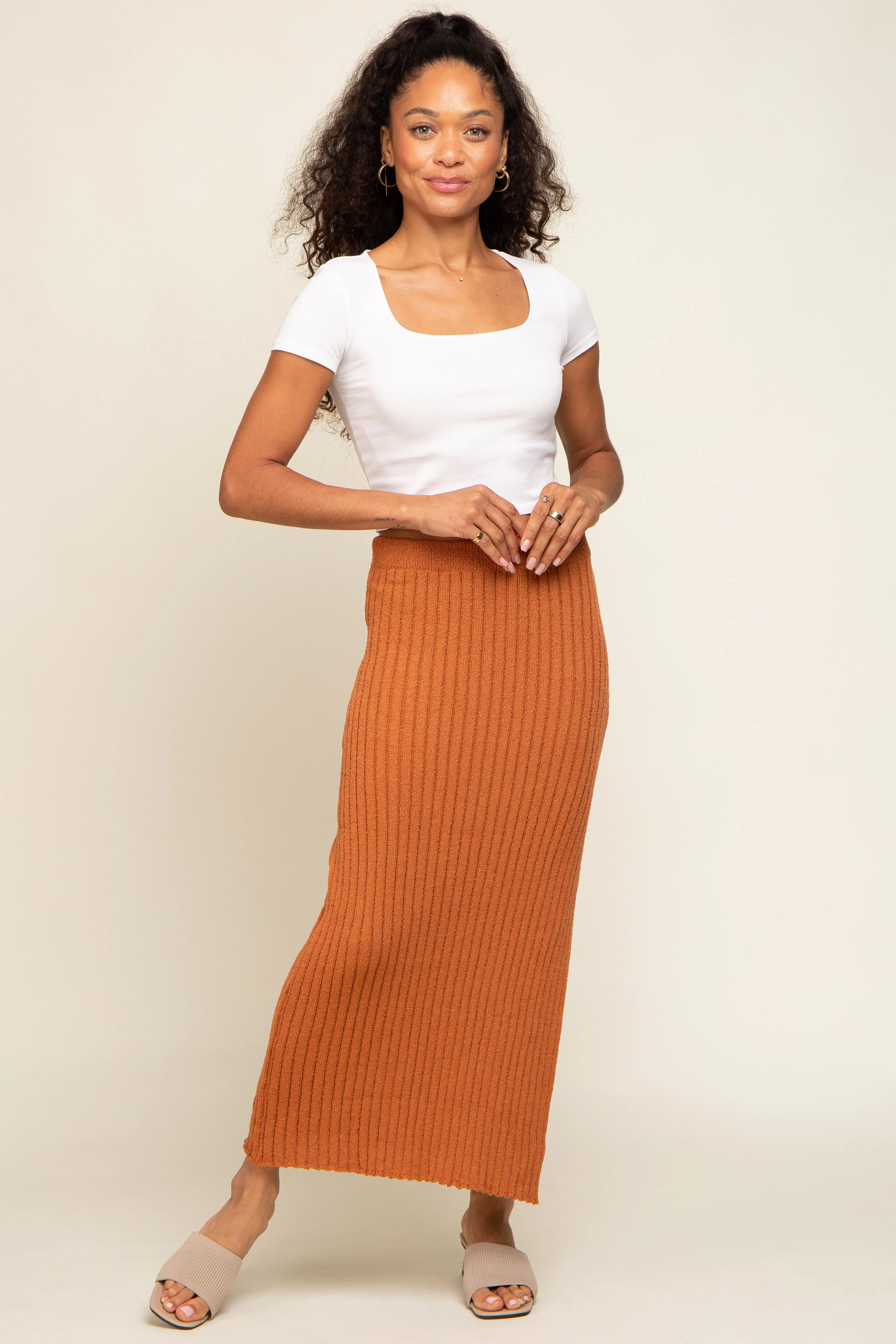 Camel Ribbed Side Slit Sweater Midi Skirt sold by Pinkblush product image thumbnail 5