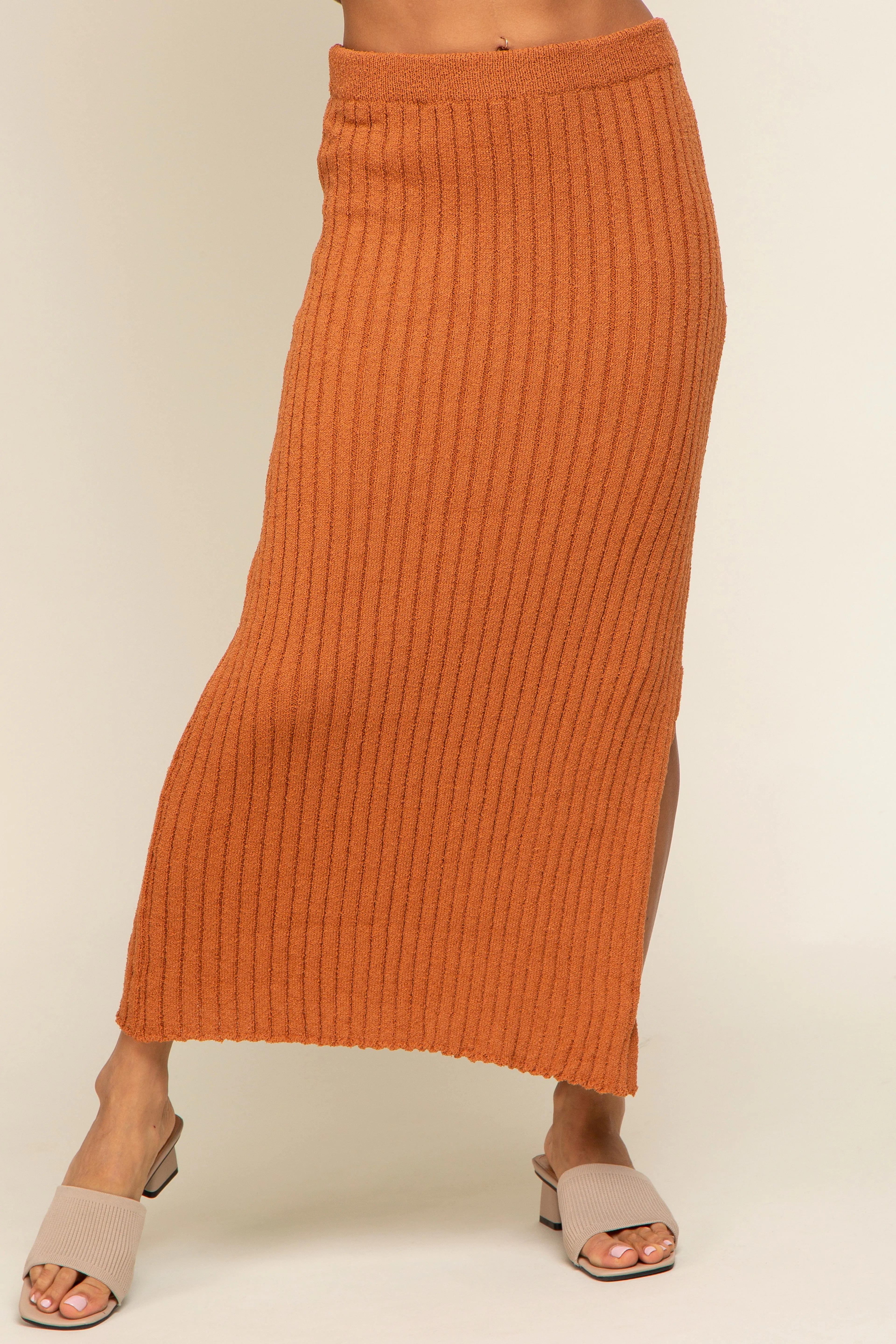 Camel Ribbed Side Slit Sweater Midi Skirt sold by Pinkblush product image thumbnail 2