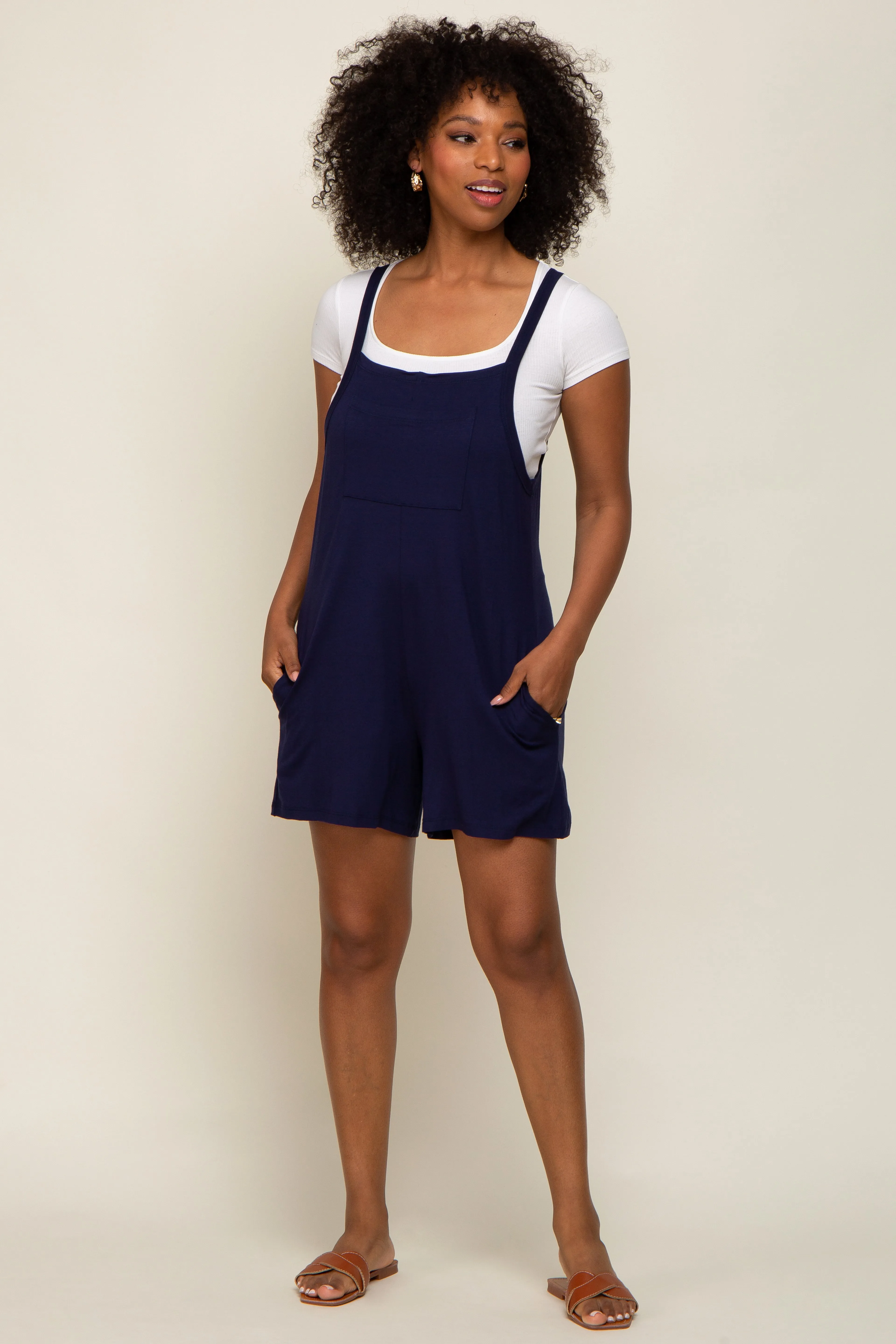 Navy Blue Front Pocket Overall Knit Romper sold by Pinkblush product image thumbnail 4
