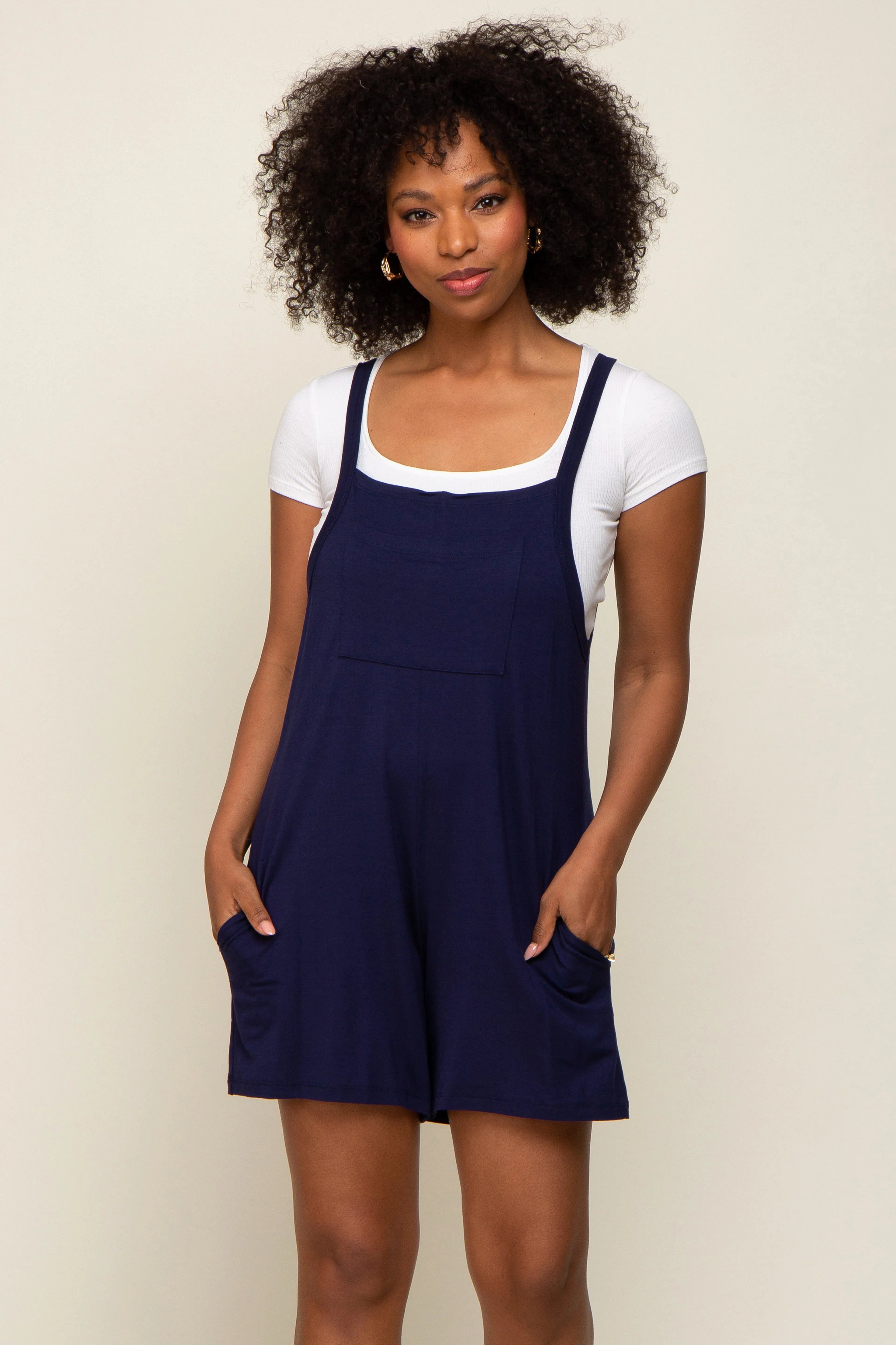 Navy Blue Front Pocket Overall Knit Romper sold by Pinkblush