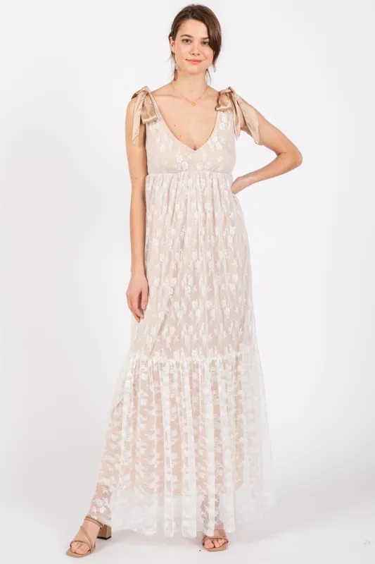 Beige V-Neck Satin Tie Lace Overlay Maxi Dress sold by Pinkblush