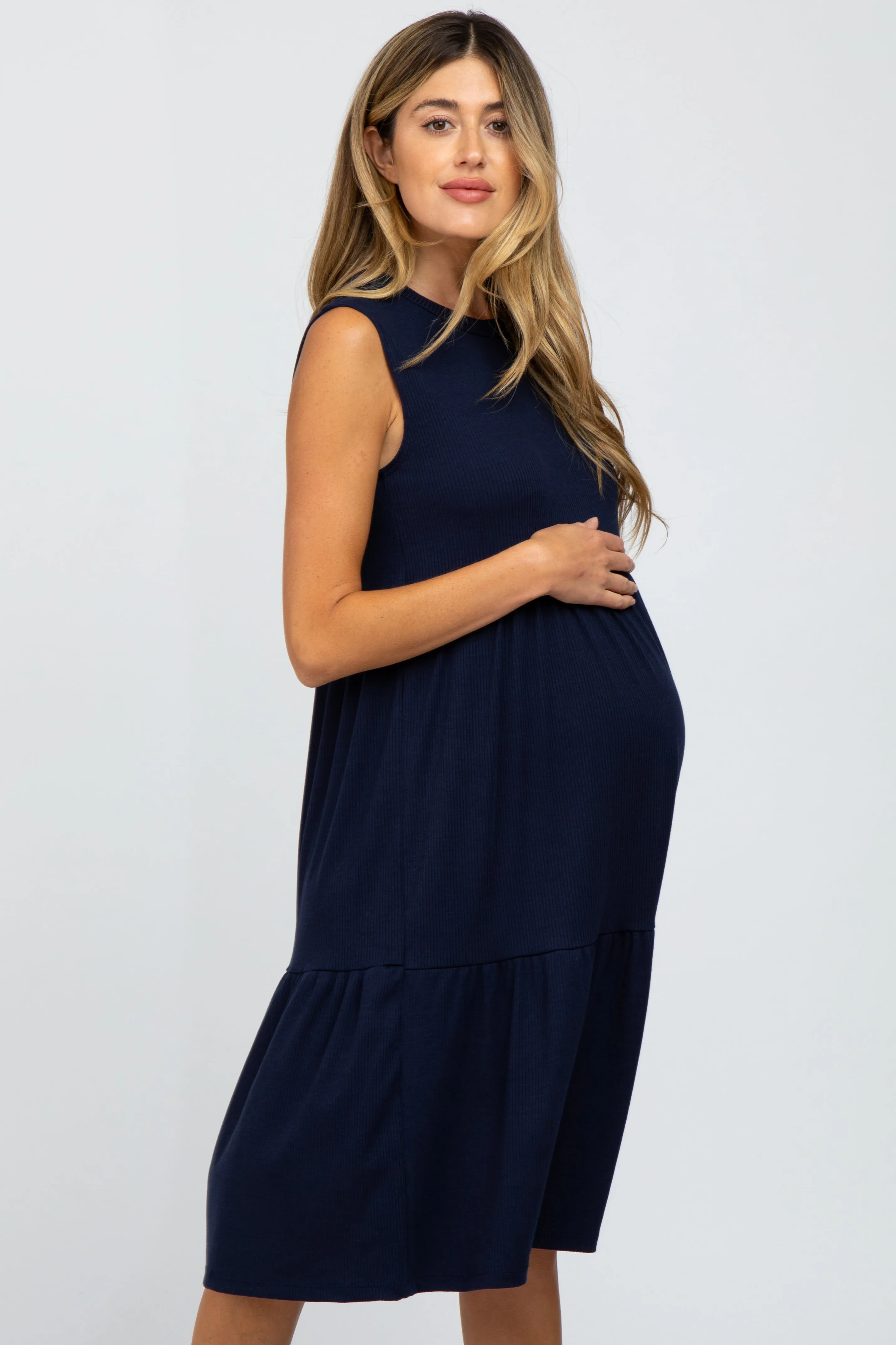 Navy Ribbed Sleeveless Maternity Midi Dress sold by Pinkblush product image thumbnail 2