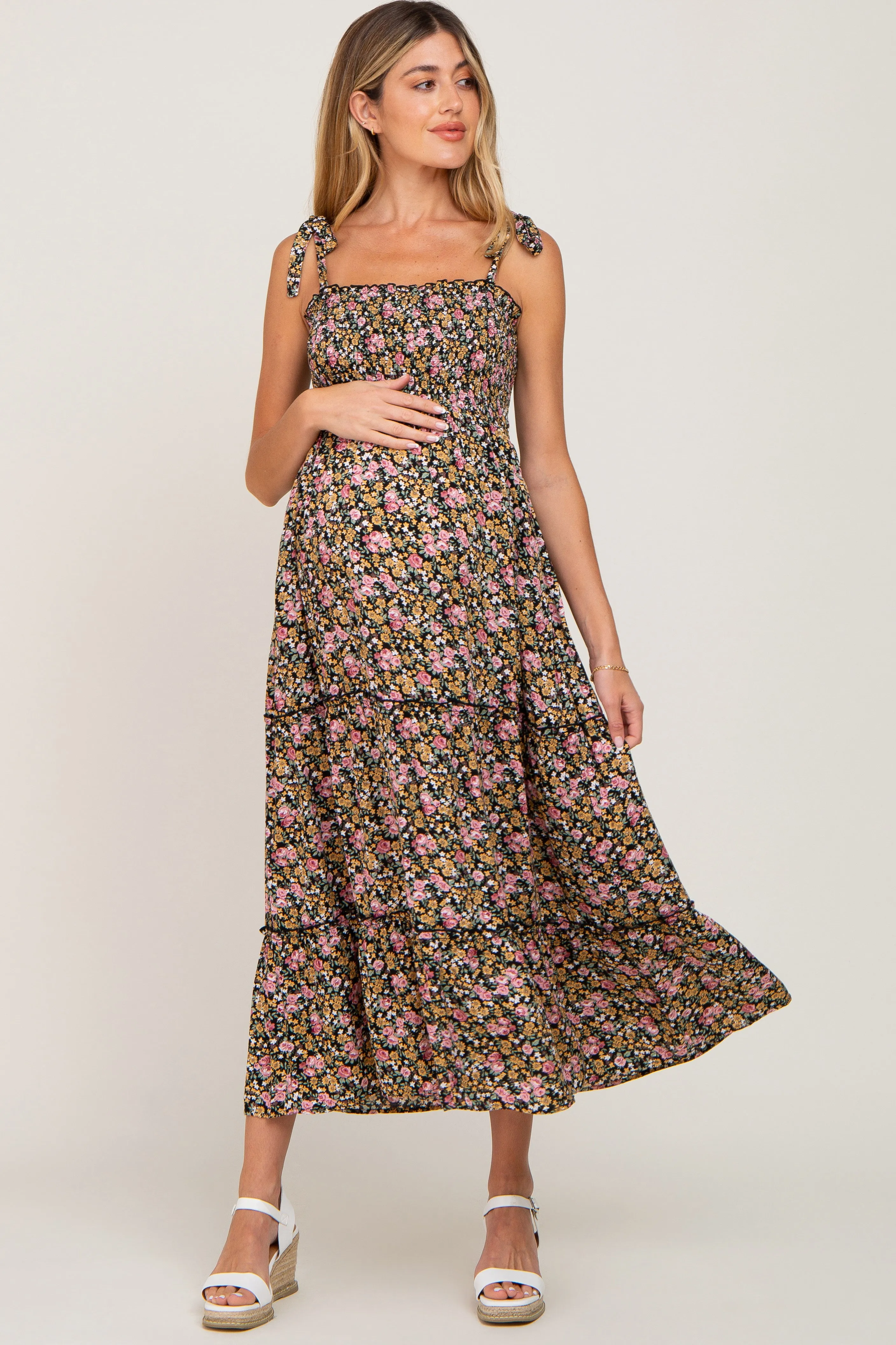 Black Multi-Color Floral Sleeveless Tiered Maternity Maxi Dress sold by Pinkblush