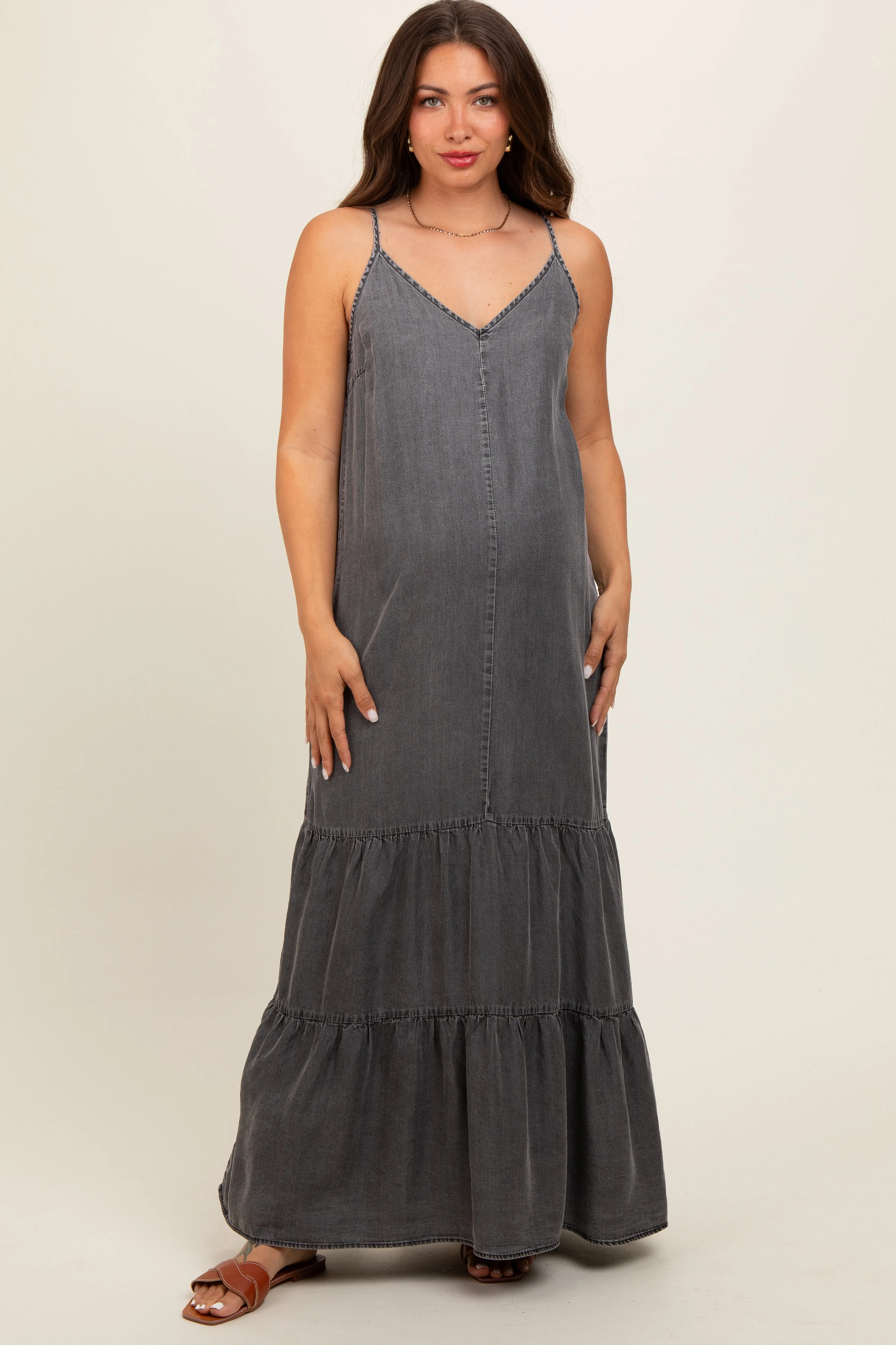 Charcoal Chambray Ruffle Hem Maternity Maxi Dress sold by Pinkblush product image thumbnail 2