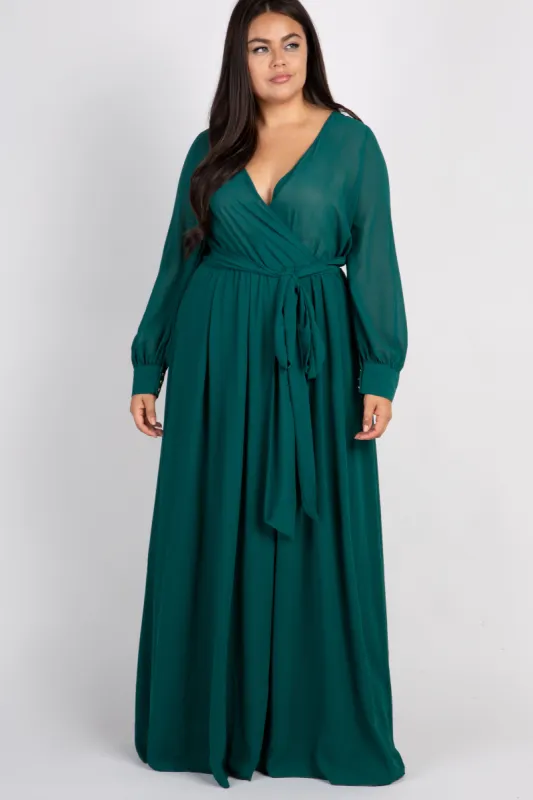 Green Chiffon Long Sleeve Pleated Plus Maxi Dress sold by Pinkblush