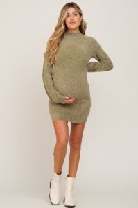 Olive Fuzzy Knit Puff Sleeve Maternity Sweater Dress sold by Pinkblush