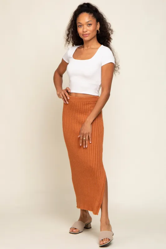 Camel Ribbed Side Slit Sweater Midi Skirt sold by Pinkblush