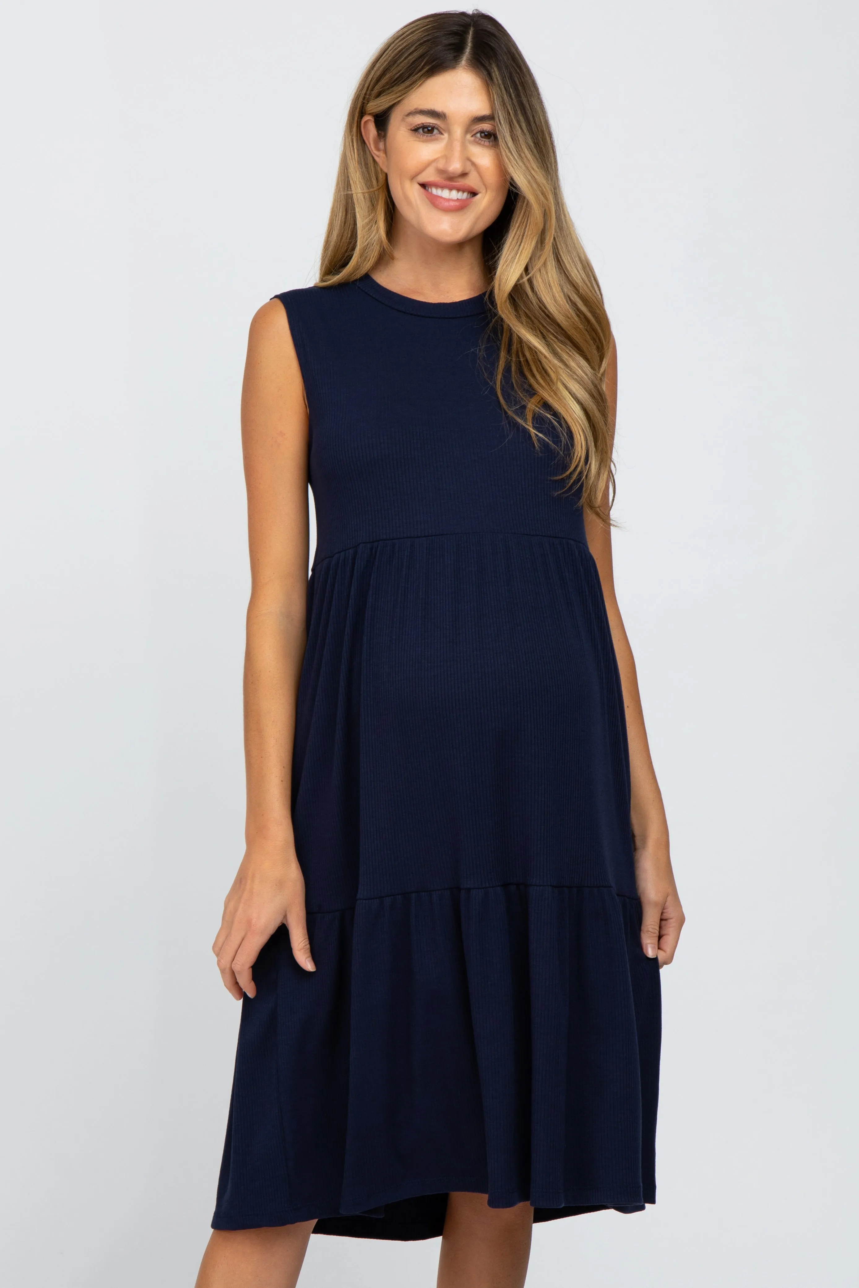 Navy Ribbed Sleeveless Maternity Midi Dress sold by Pinkblush product image thumbnail 4