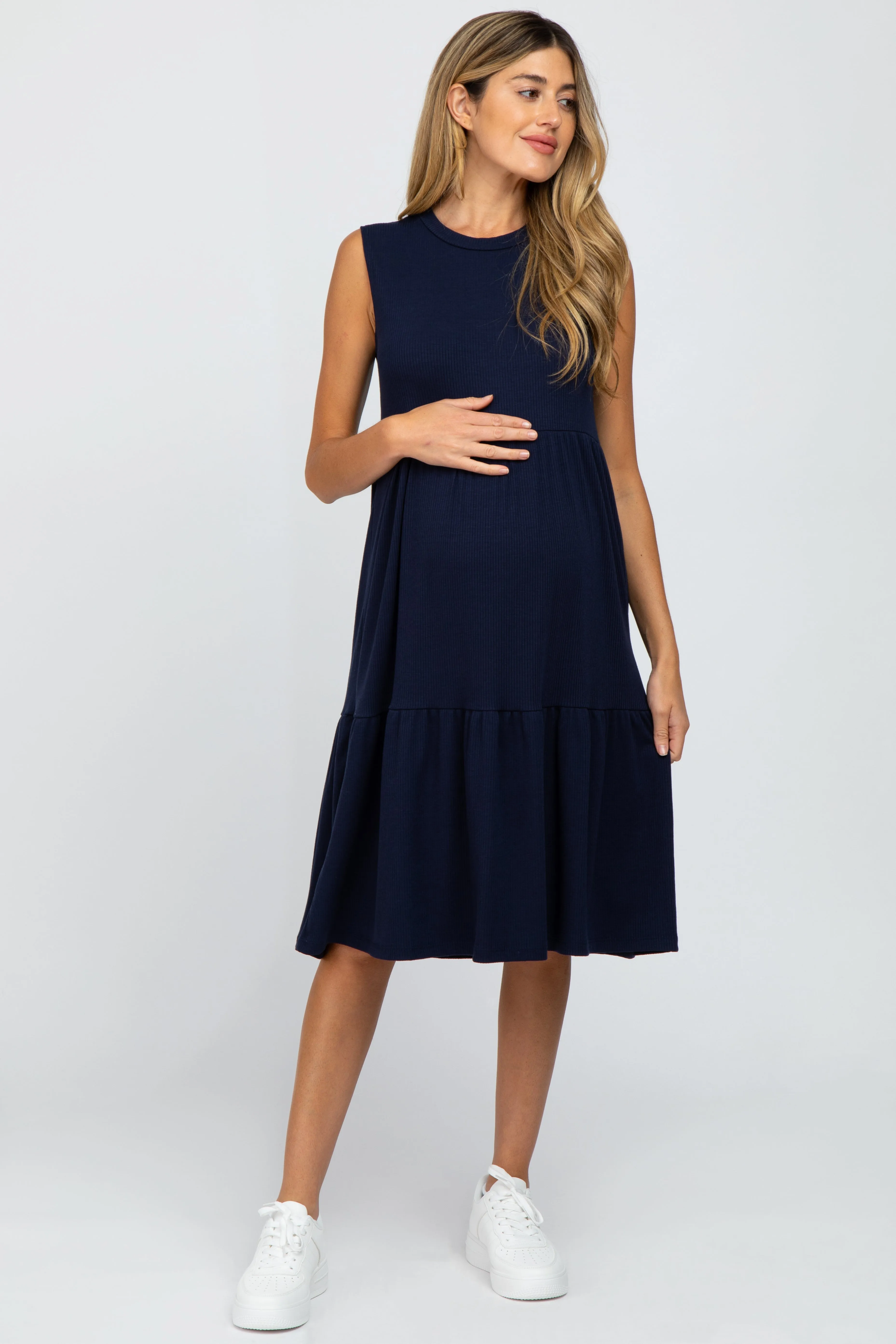 Navy Ribbed Sleeveless Maternity Midi Dress sold by Pinkblush