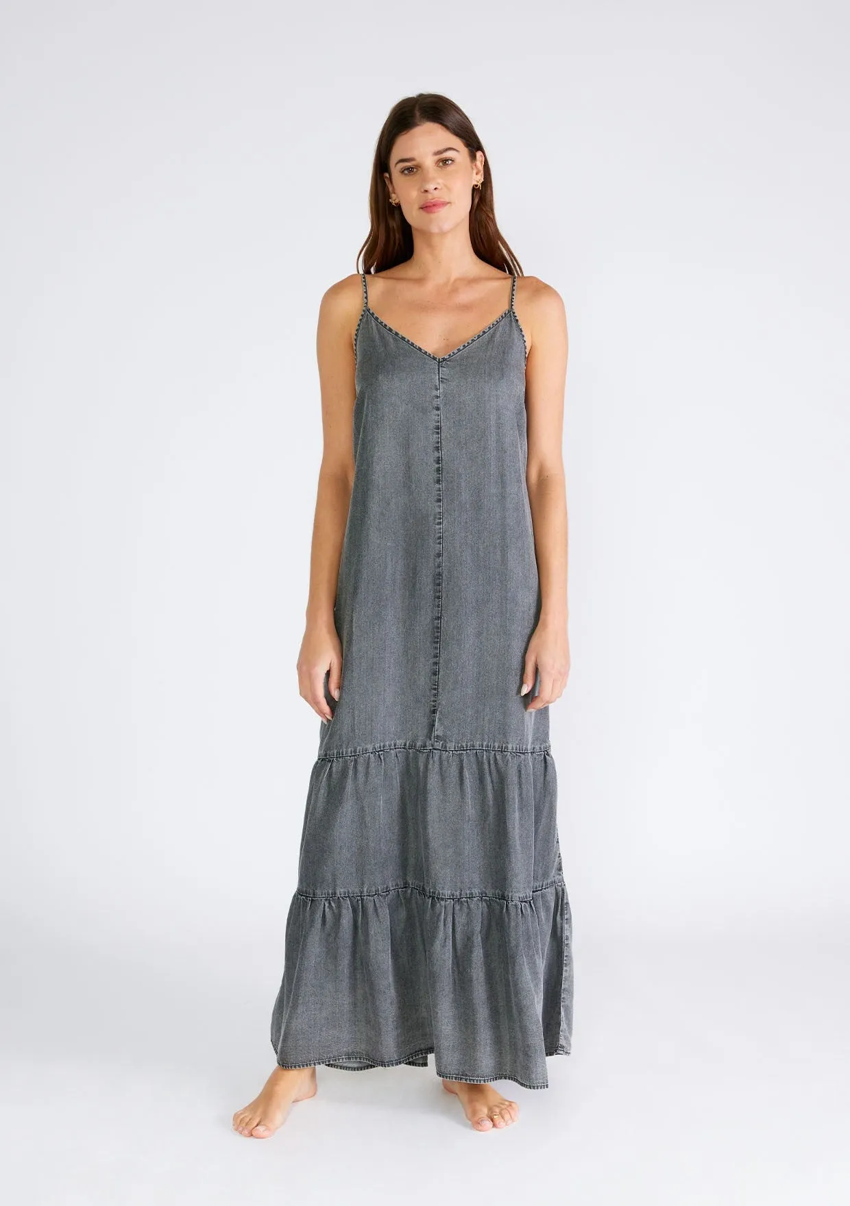 Charcoal Chambray Ruffle Hem Maternity Maxi Dress sold by Pinkblush product image thumbnail 4