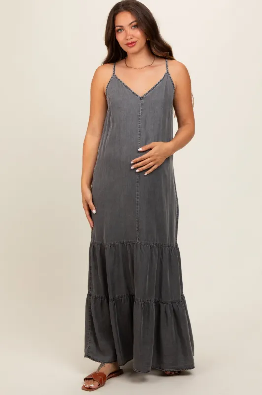 Charcoal Chambray Ruffle Hem Maternity Maxi Dress sold by Pinkblush