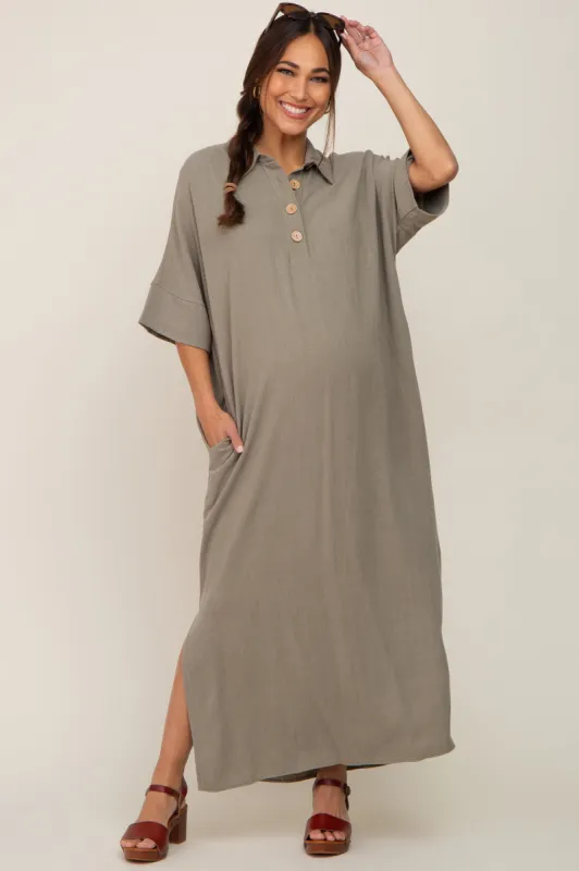 Olive Collared Linen Maternity Maxi Dress sold by Pinkblush