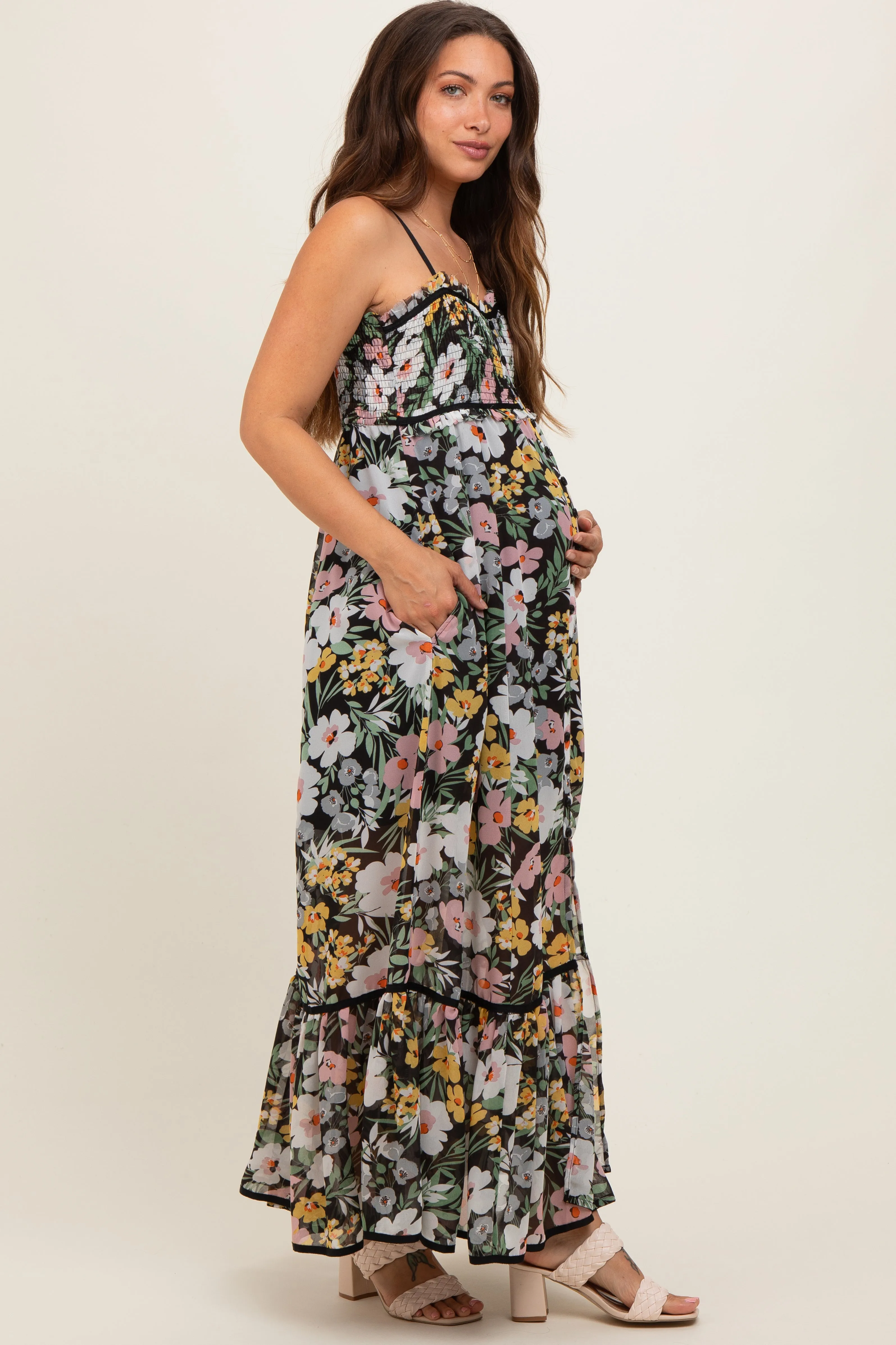 Black Floral Smocked Button Accent Maternity Maxi Dress sold by Pinkblush product image thumbnail 3