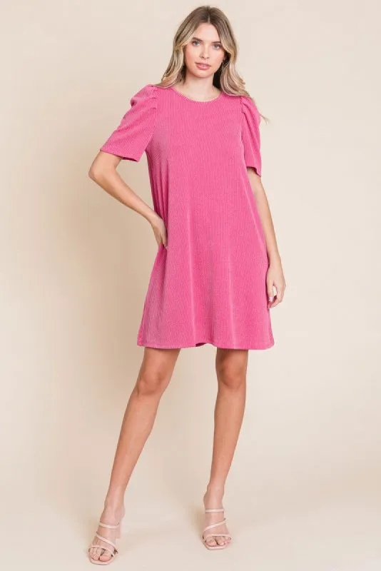 Fuchsia Washed Ribbed Puff Sleeve Dress sold by Pinkblush