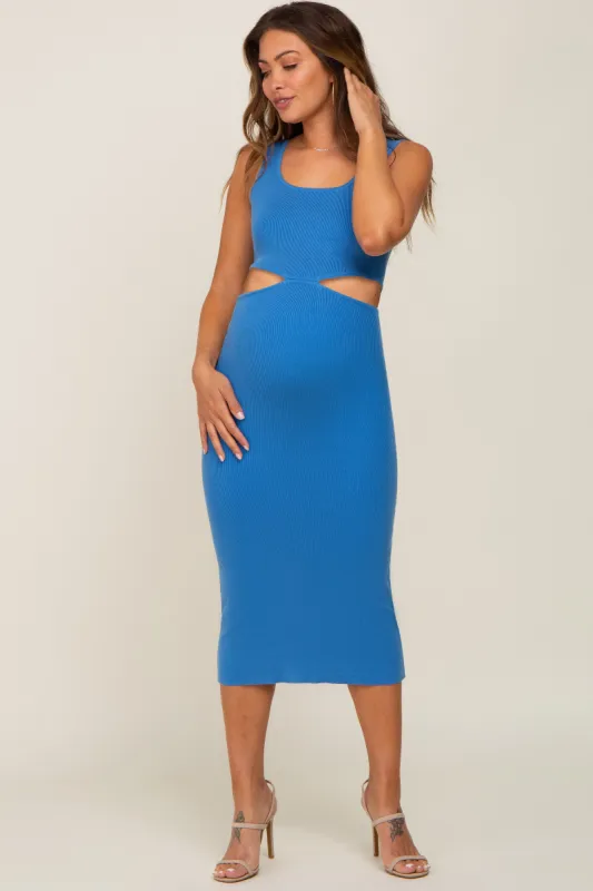 Blue Sleeveless Side Cutout Maternity Midi Dress sold by Pinkblush