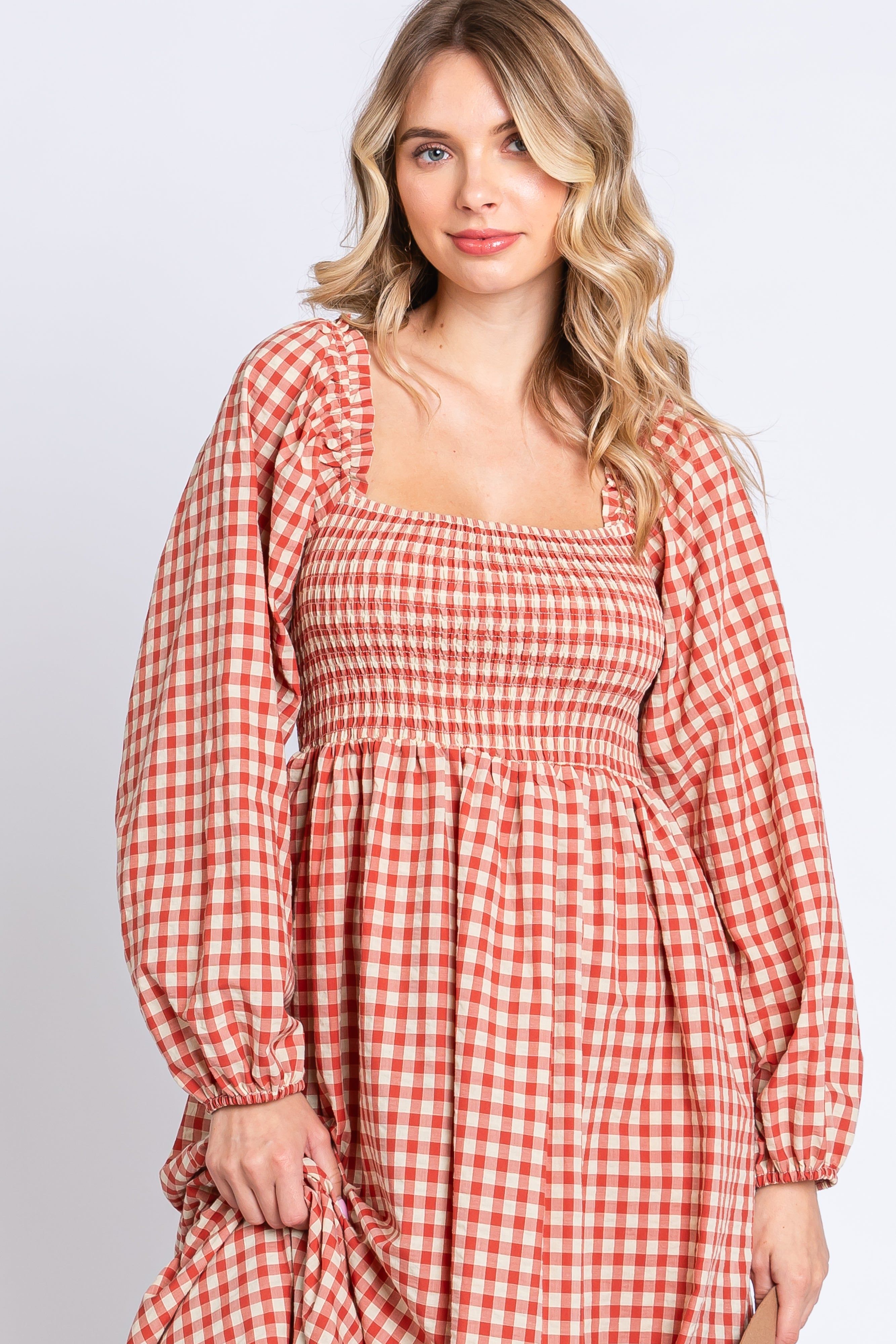 Rust Gingham Long Sleeve Midi Dress sold by Pinkblush product image thumbnail 5