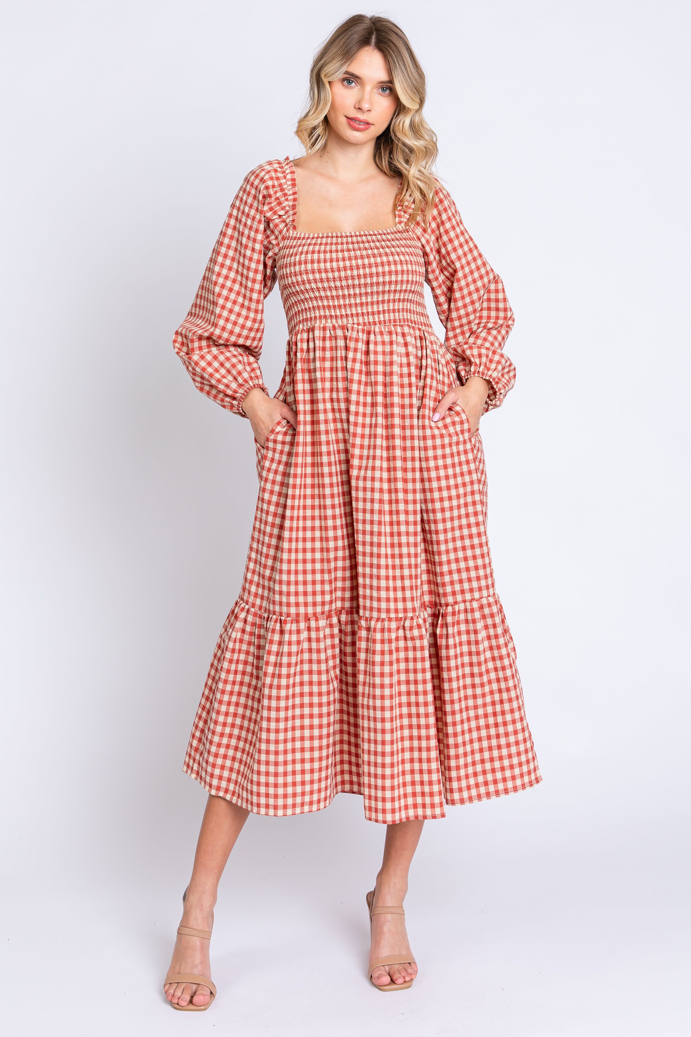 Rust Gingham Long Sleeve Midi Dress sold by Pinkblush product image thumbnail 2